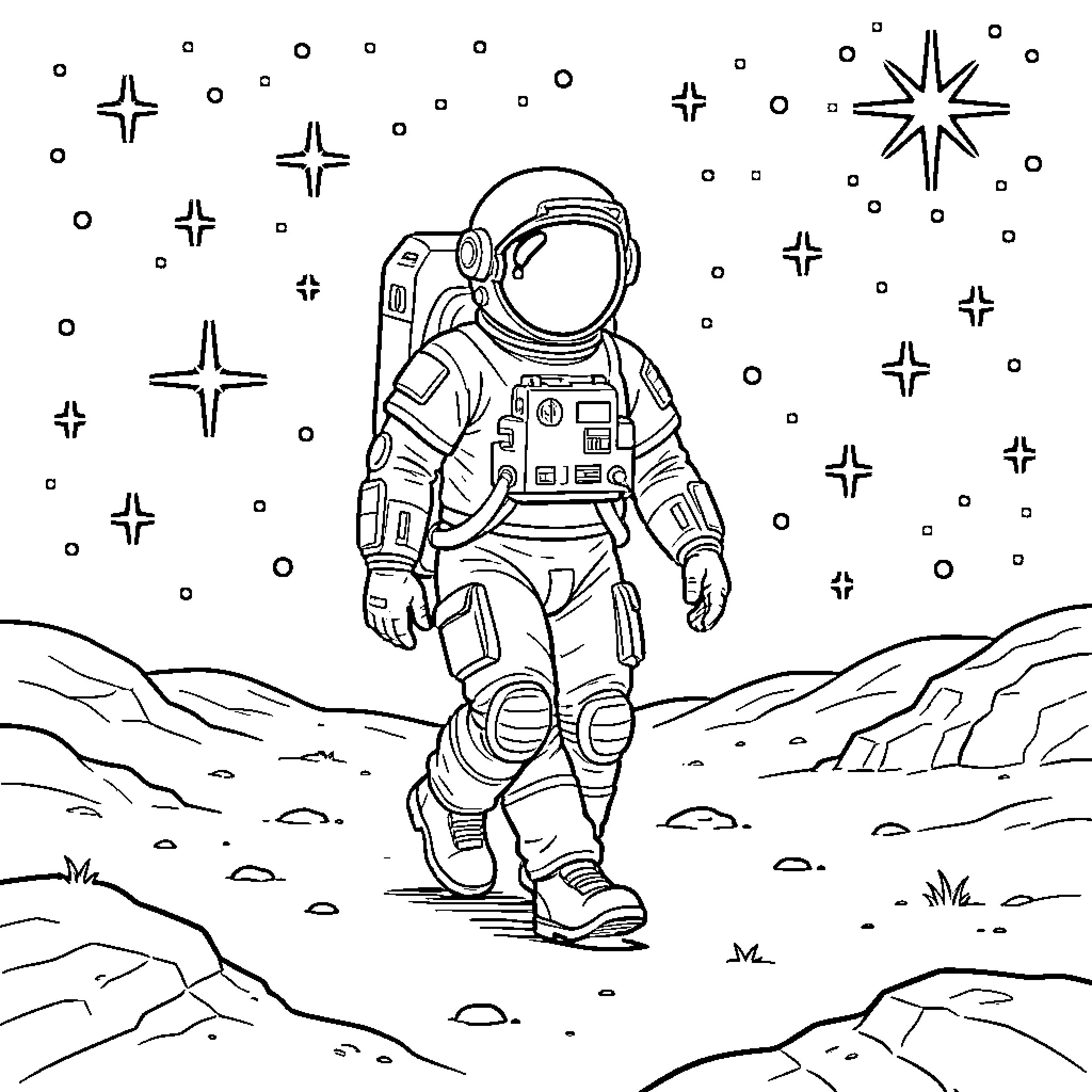 Astronaut walking on lunar surface under starry sky Coloring Page (free black-and-white line drawing printable PDF for all, from beginners to advanced learners, including children, teens, adults, and seniors)