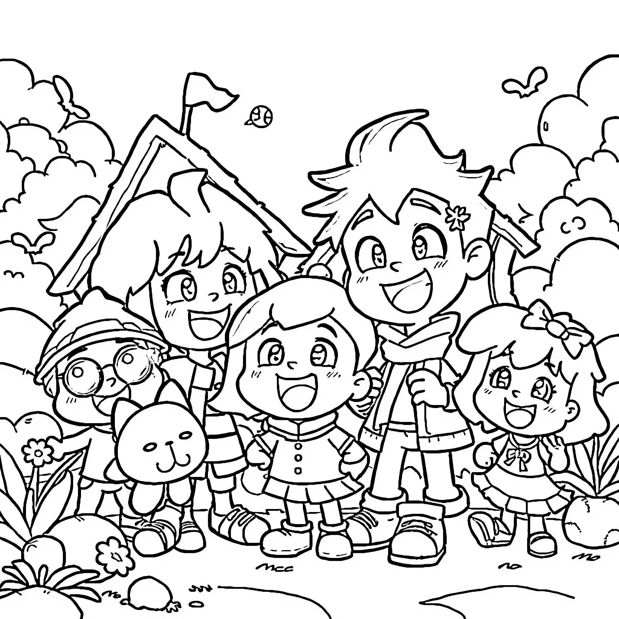 Anime characters happily exploring outdoor scenery Coloring Page (free black-and-white line drawing printable PDF for all, from beginners to advanced learners, including children, teens, adults, and seniors)