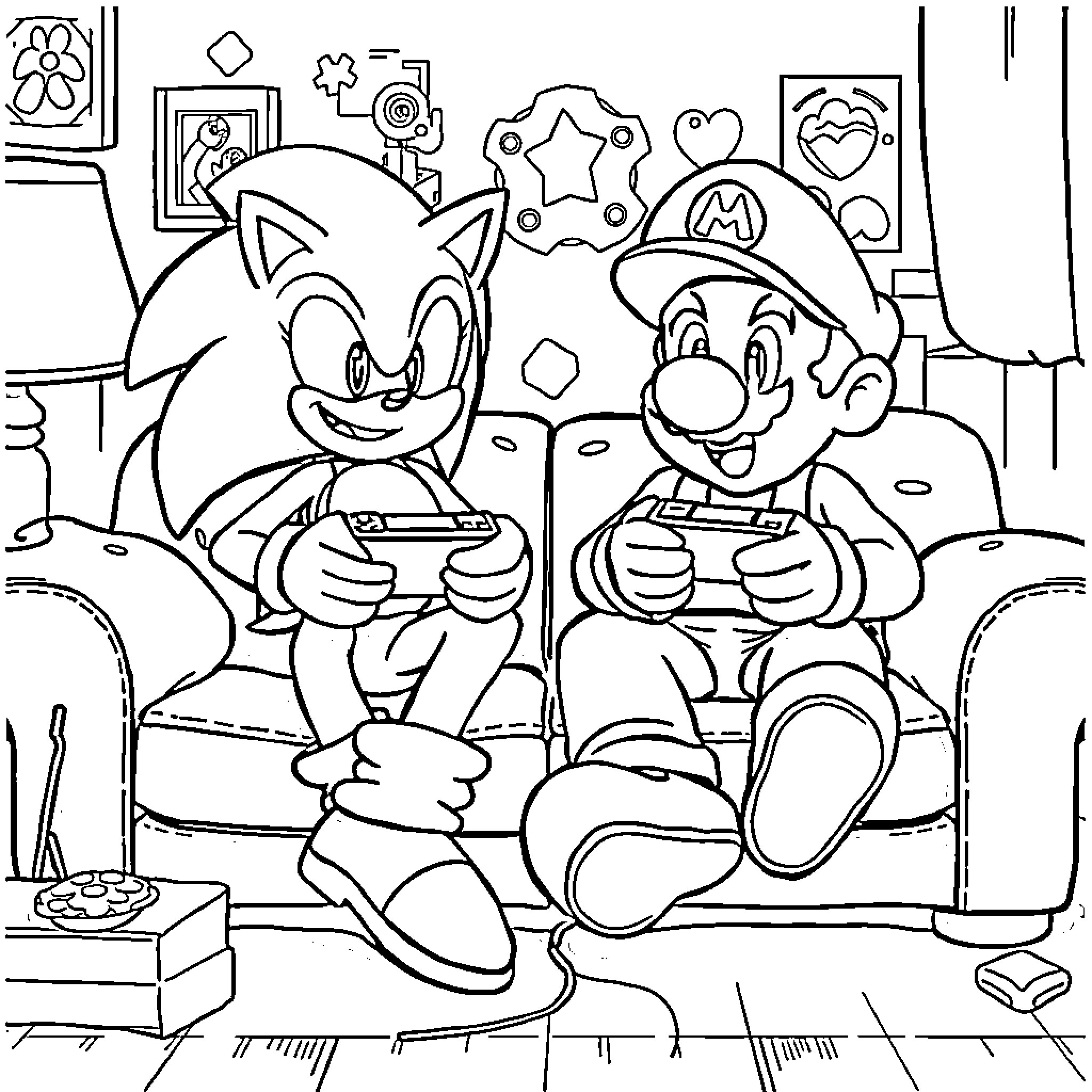 Sonic and Mario gaming together happily Coloring Page (free black-and-white line drawing printable PDF for all, from beginners to advanced learners, including children, teens, adults, and seniors)