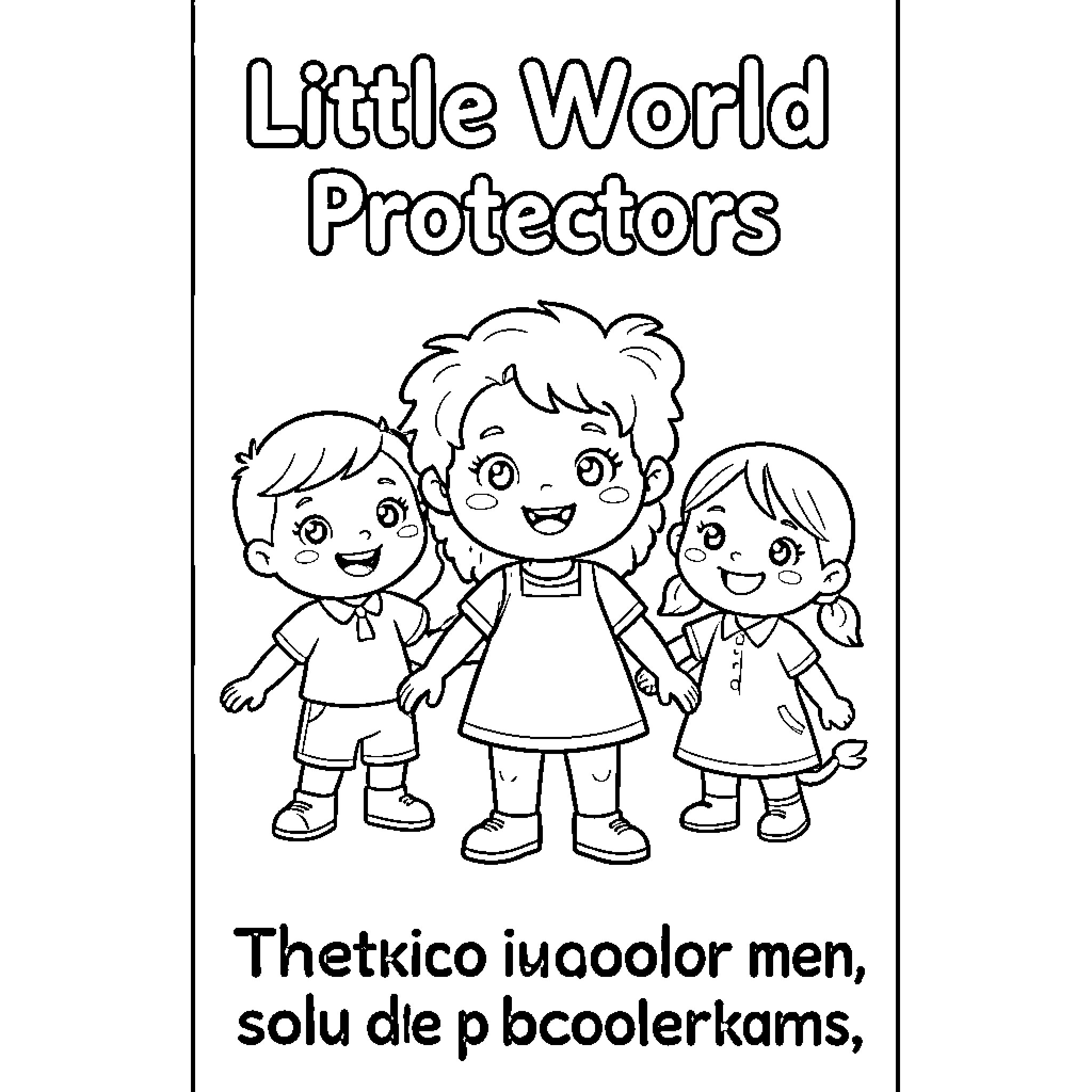 World Protector children standing together with joyful expressions Coloring Page (free black-and-white line drawing printable PDF for all, from beginners to advanced learners, including children, teens, adults, and seniors)