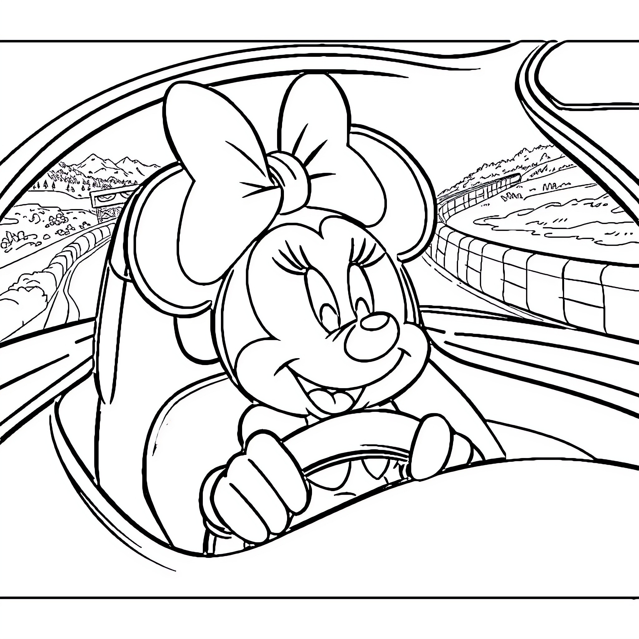 Minnie enjoying a scenic drive in her car Coloring Page (free black-and-white line drawing printable PDF for all, from beginners to advanced learners, including children, teens, adults, and seniors)