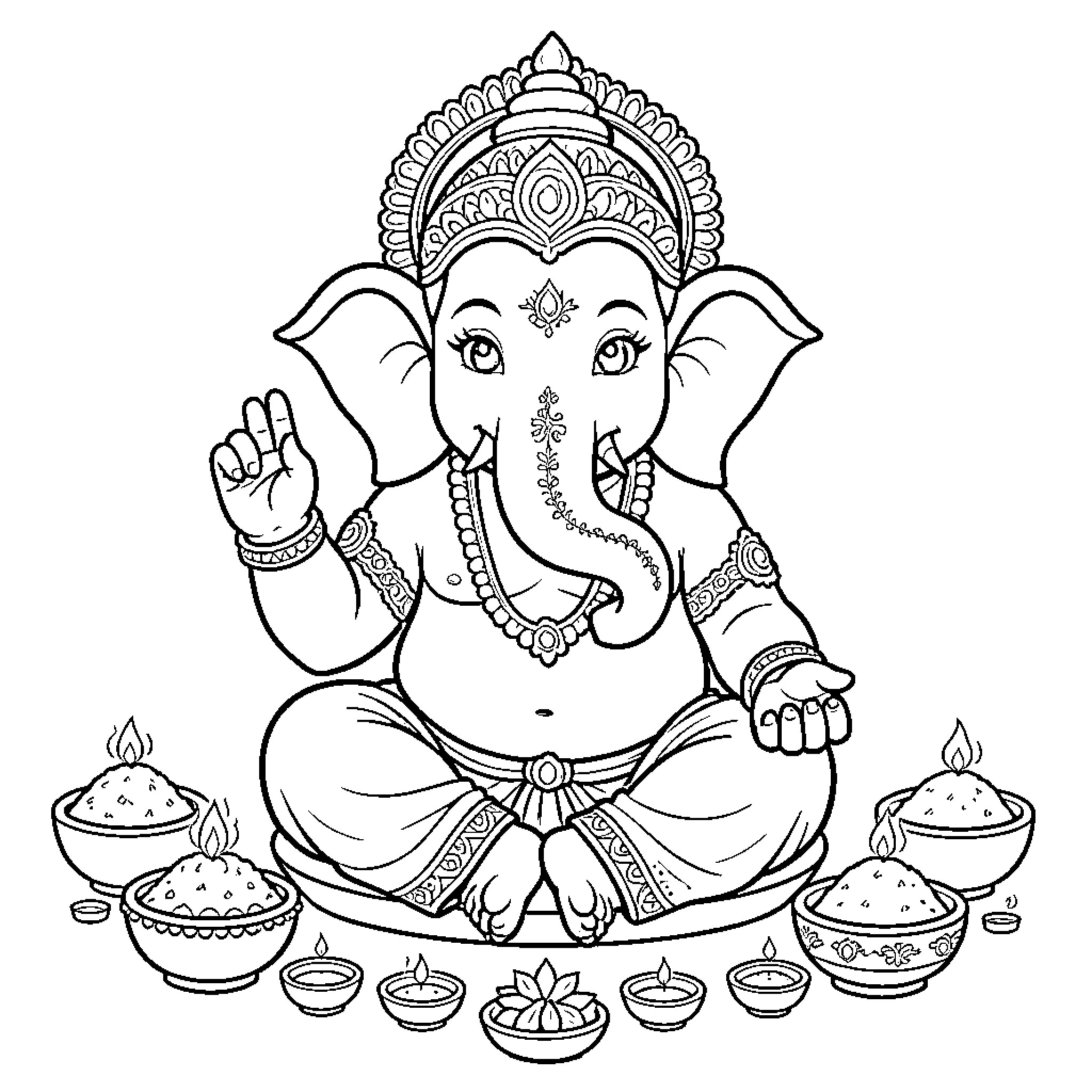 Ganesha sitting peacefully amidst ceremonial offerings Coloring Page (free black-and-white line drawing printable PDF for all, from beginners to advanced learners, including children, teens, adults, and seniors)