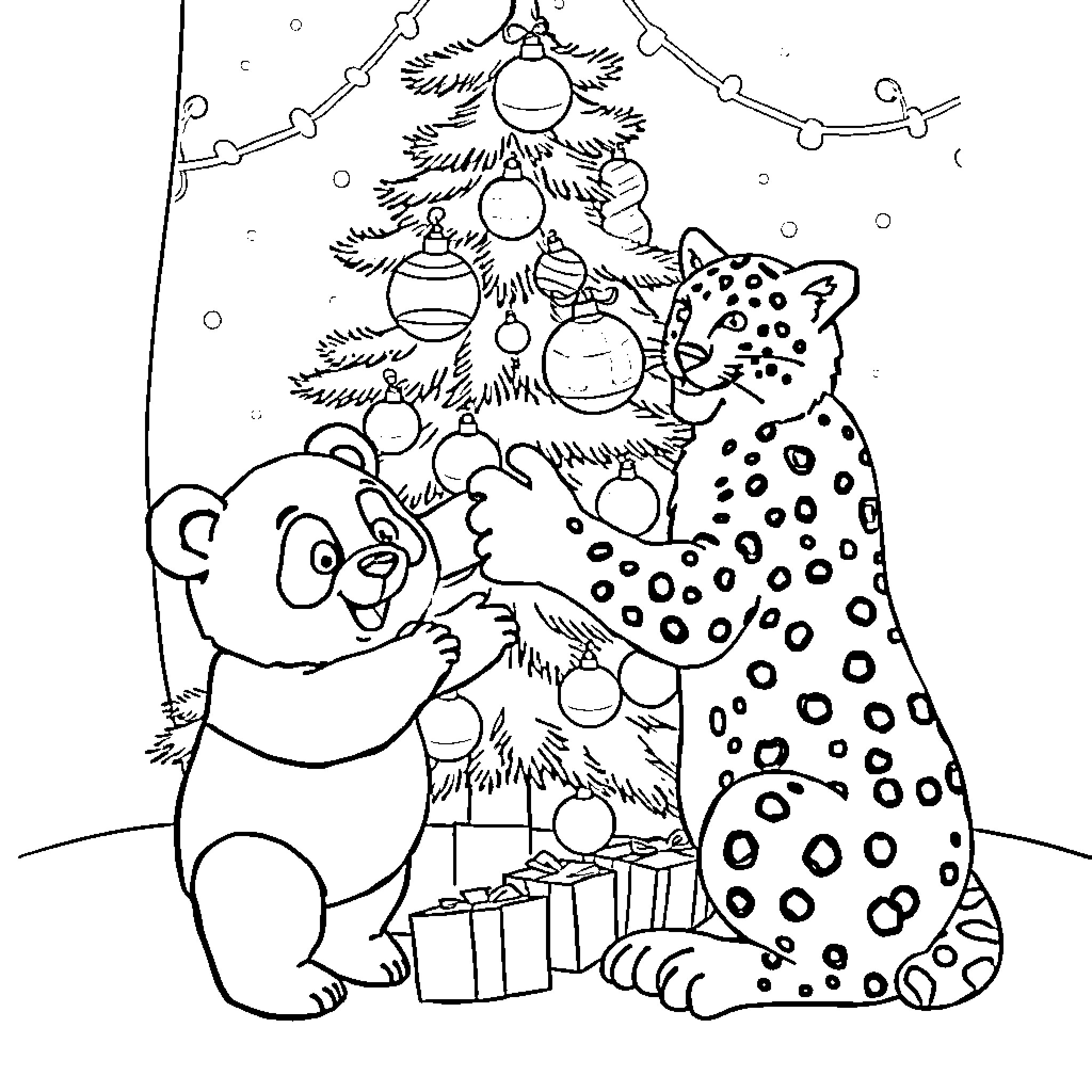 Panda and Leopard celebrate Christmas together Coloring Page (free black-and-white line drawing printable PDF for all, from beginners to advanced learners, including children, teens, adults, and seniors)