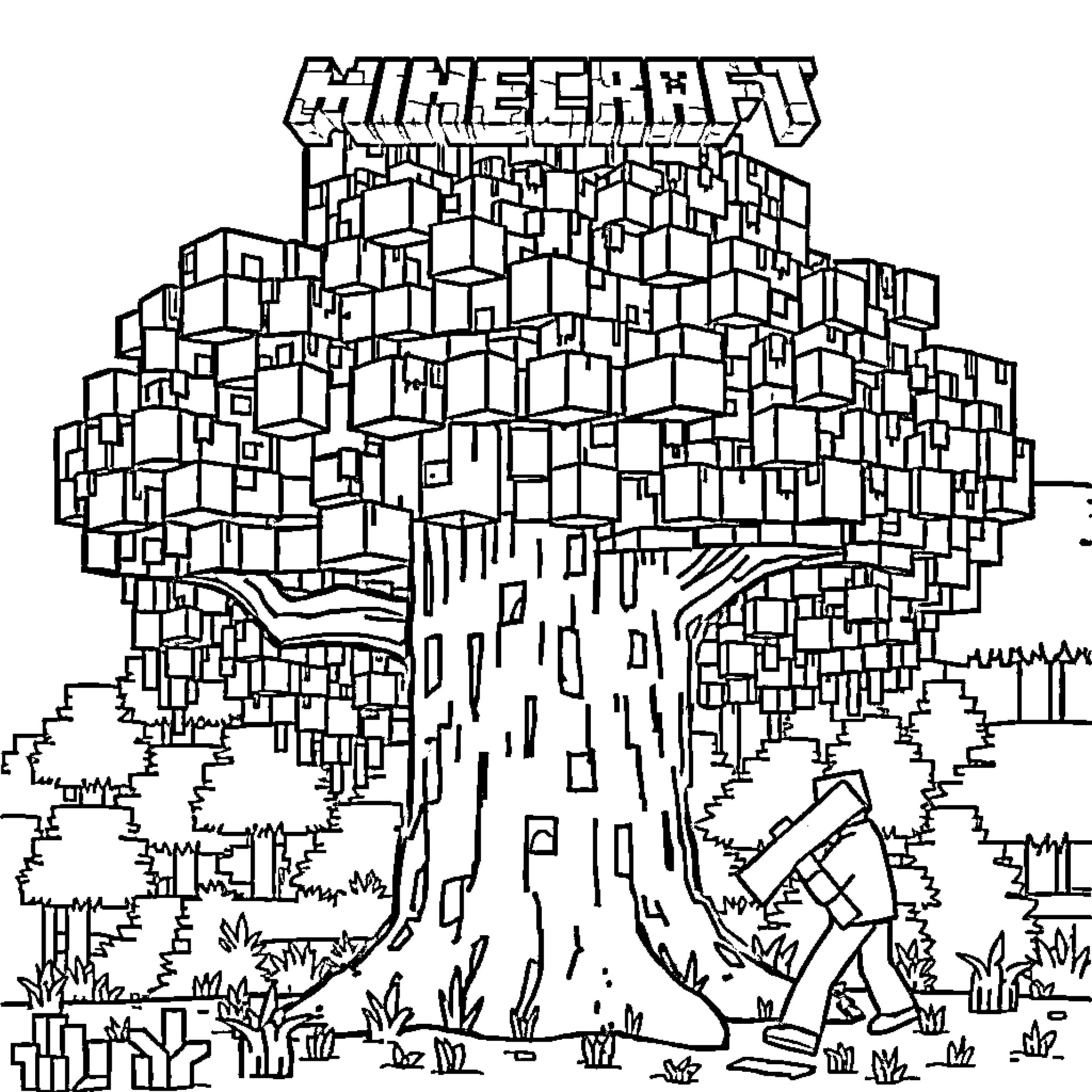 Tree of Minecraft Blocks in the Forest Coloring Page (free black-and-white line drawing printable PDF for all, from beginners to advanced learners, including children, teens, adults, and seniors)
