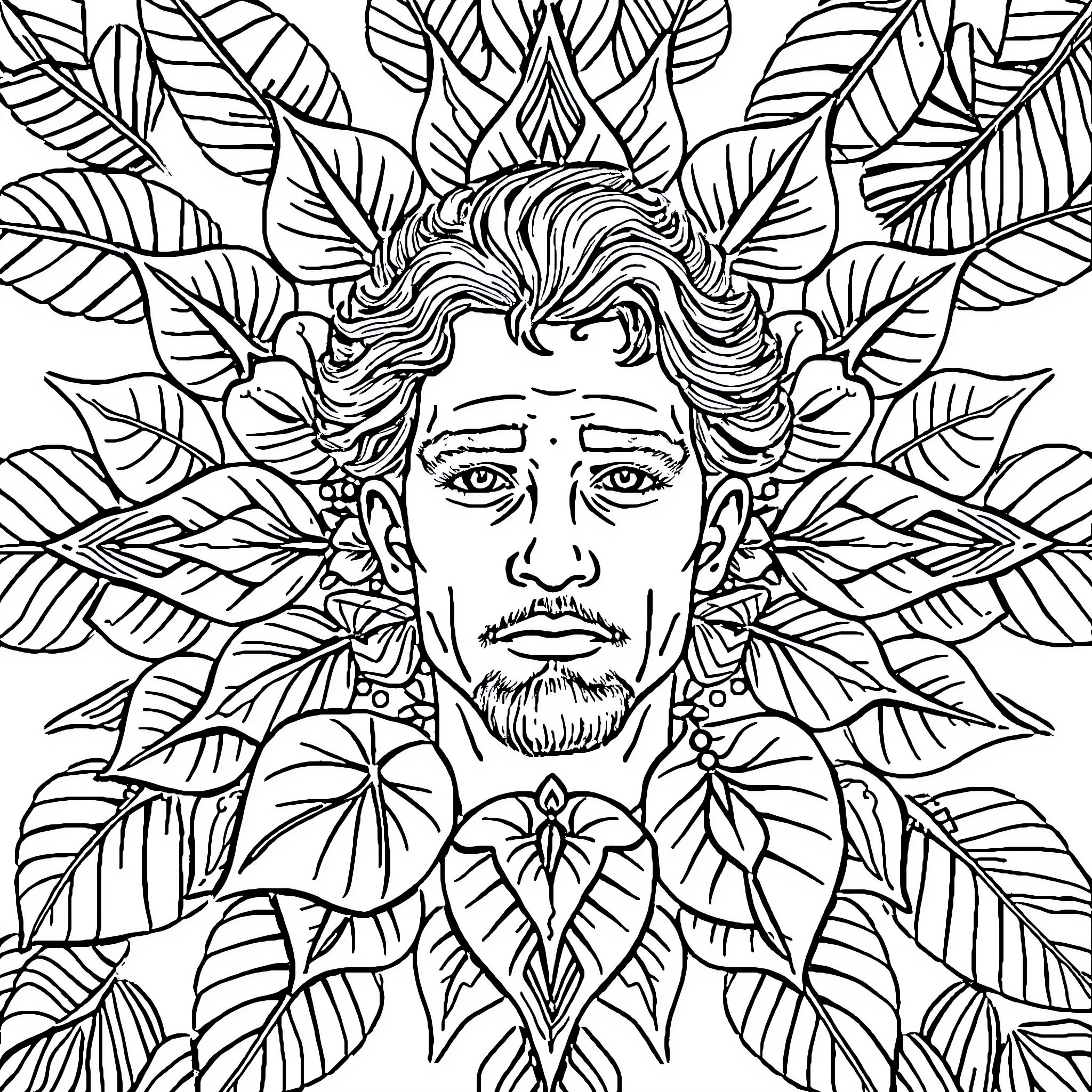 Adult figure surrounded by intricate botanical elements Coloring Page (free black-and-white line drawing printable PDF for all, from beginners to advanced learners, including children, teens, adults, and seniors)