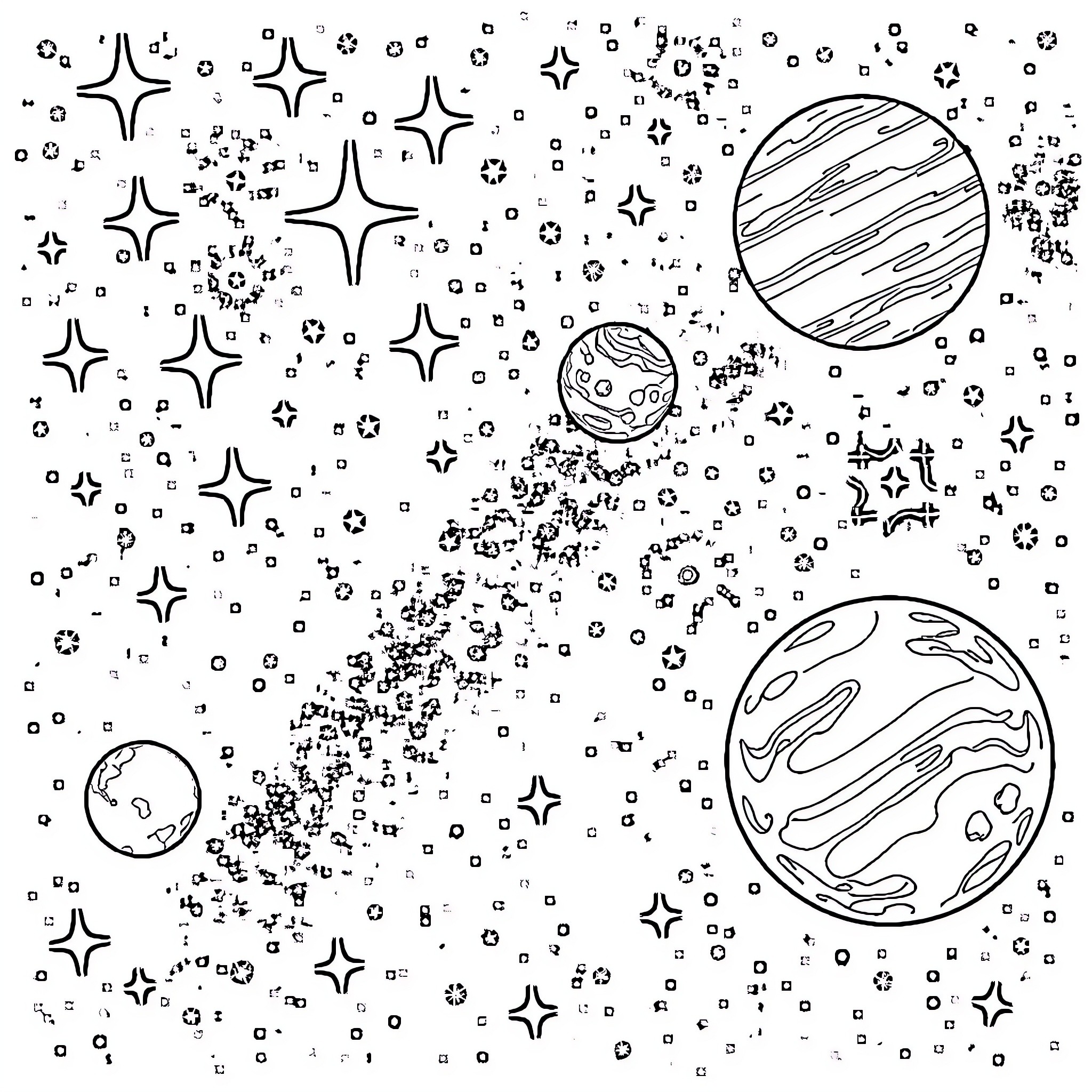 Celestial Constellations and Cosmic Phenomena Coloring Page (free black-and-white line drawing printable PDF for all, from beginners to advanced learners, including children, teens, adults, and seniors)