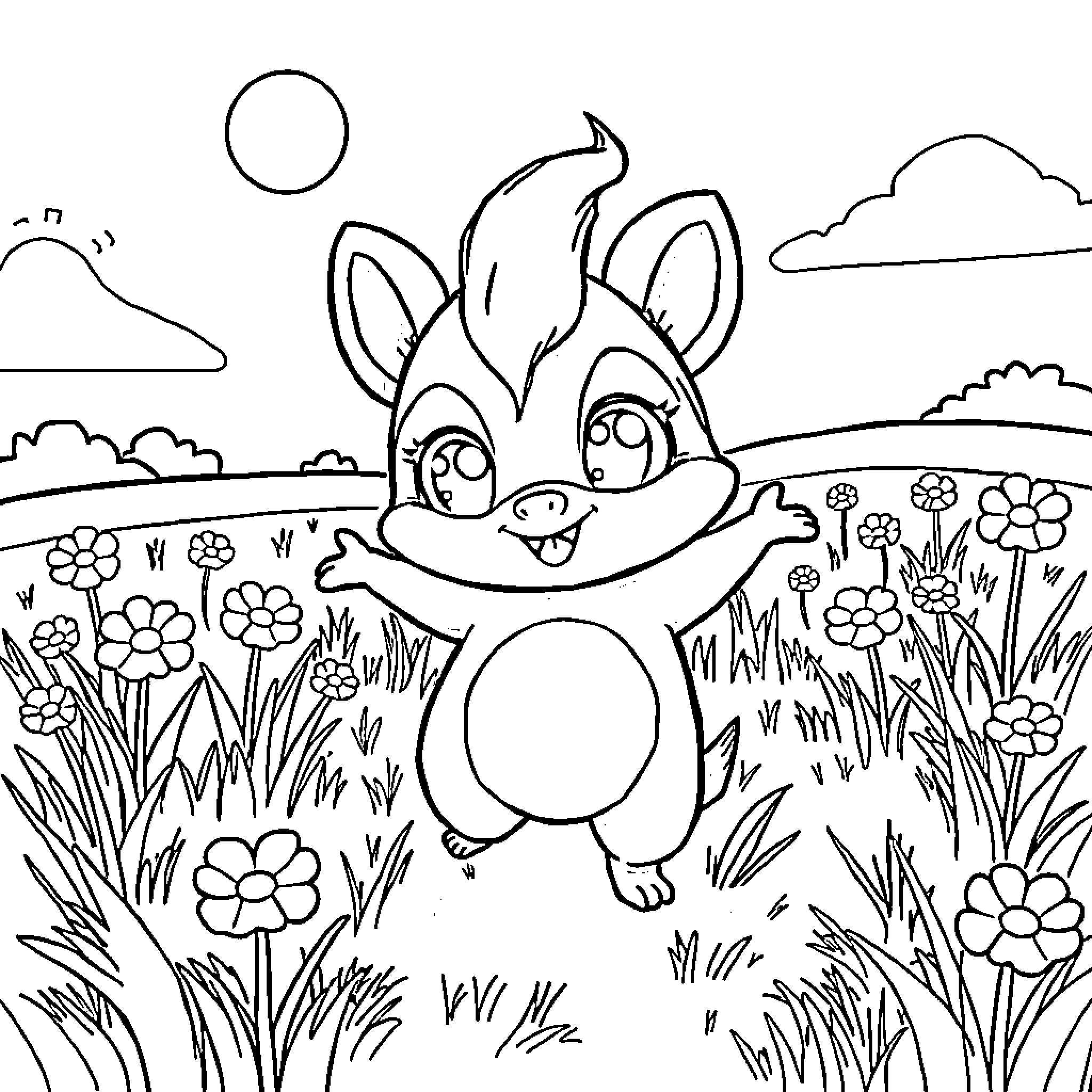 Sprunki's Joyful Romp through the Flowery Meadow Coloring Page (free black-and-white line drawing printable PDF for all, from beginners to advanced learners, including children, teens, adults, and seniors)