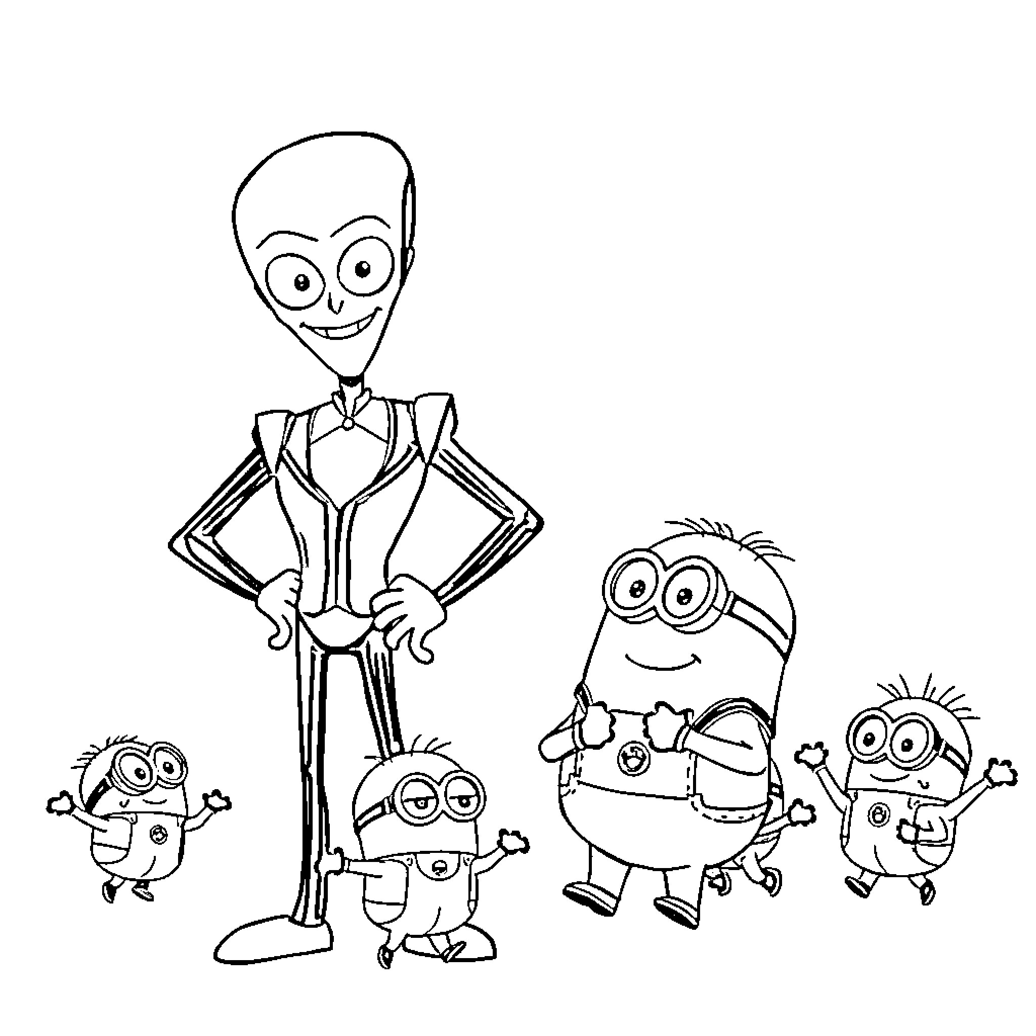 Megamind and Minions in Humorous Poses Coloring Page (free black-and-white line drawing printable PDF for all, from beginners to advanced learners, including children, teens, adults, and seniors)