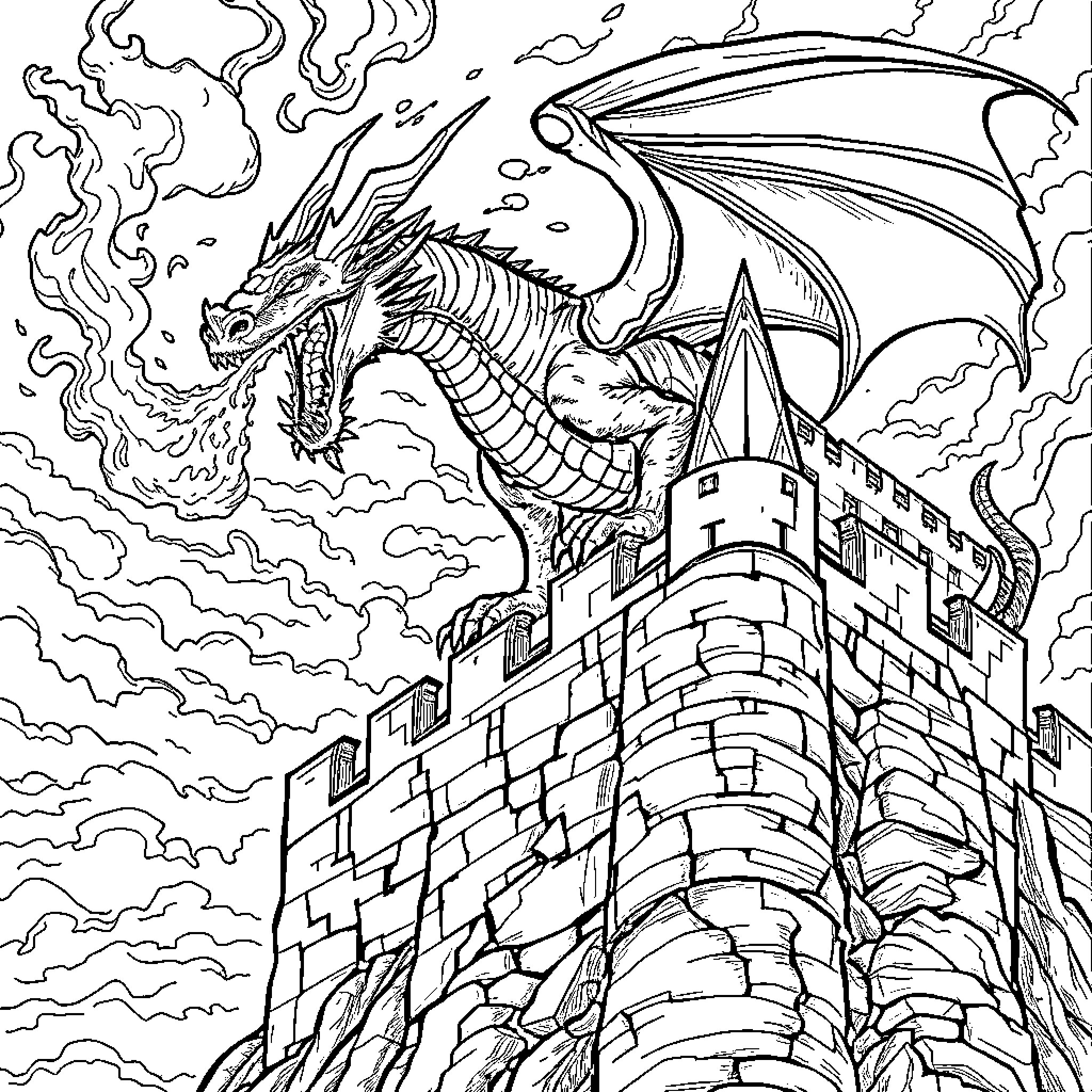 Dragon soaring over a majestic castle in the sky Coloring Page (free black-and-white line drawing printable PDF for all, from beginners to advanced learners, including children, teens, adults, and seniors)