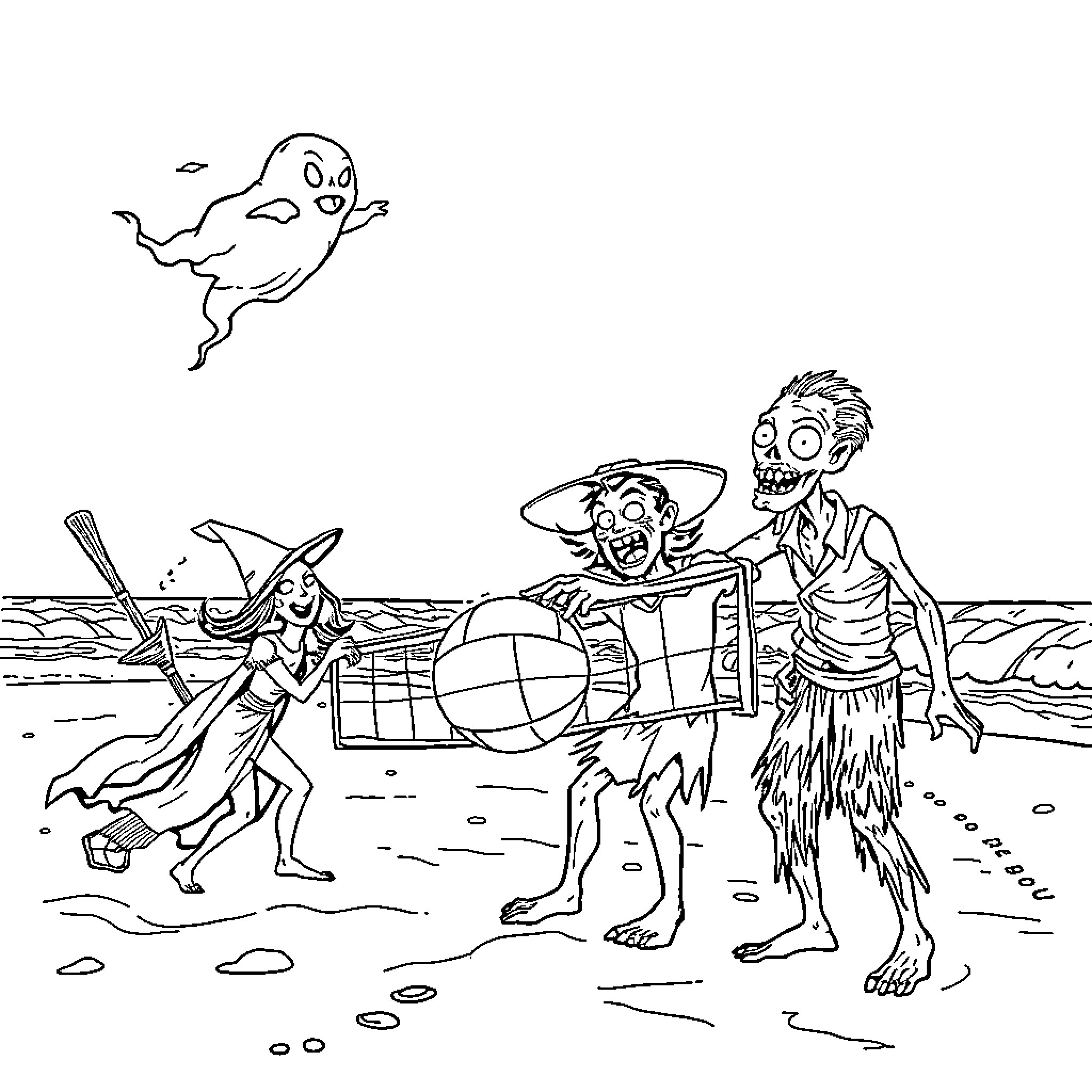 Ghost Witches and Zombies Playing on the Beach Coloring Page (free black-and-white line drawing printable PDF for all, from beginners to advanced learners, including children, teens, adults, and seniors)