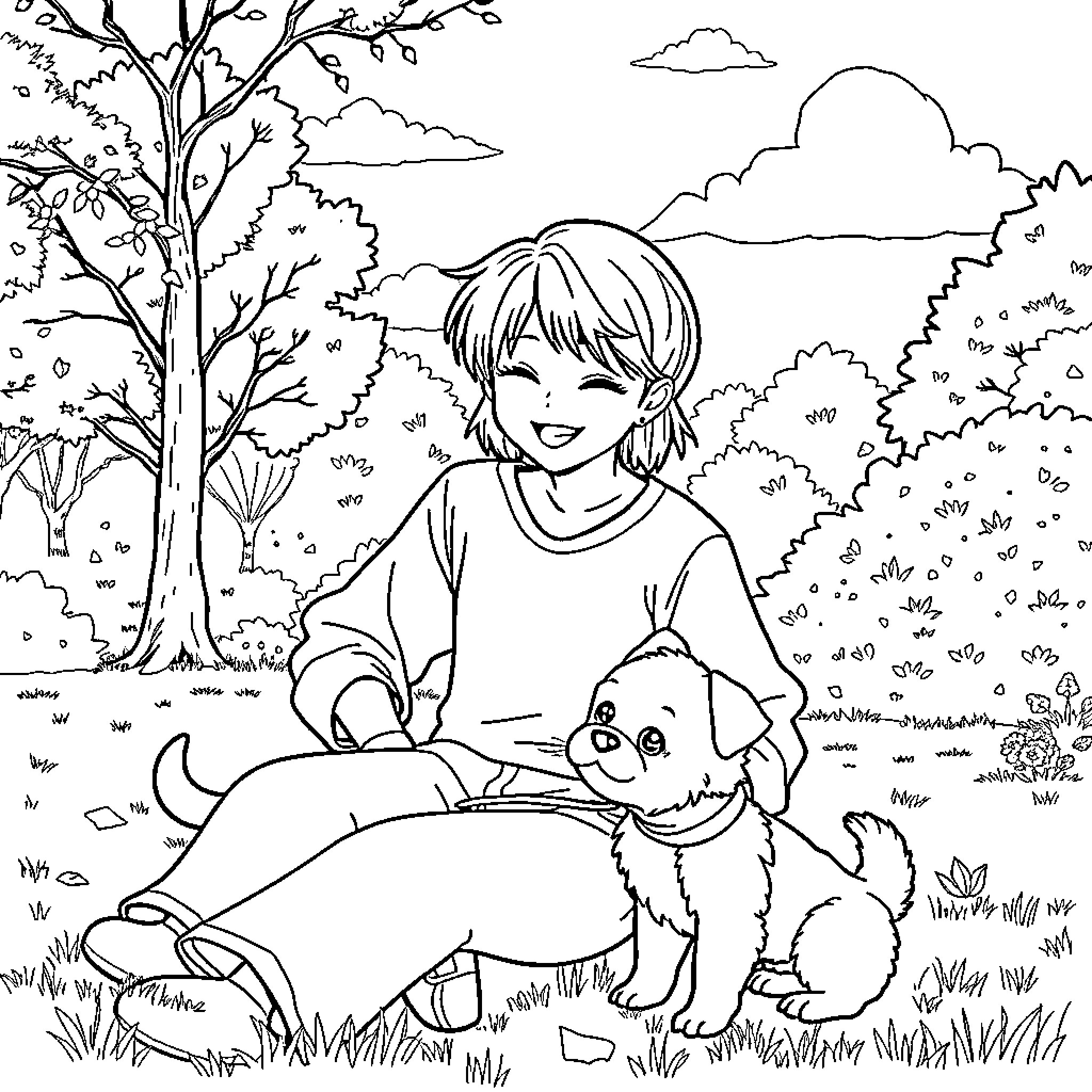 Rumi playing happily with her puppy in the park Coloring Page (free black-and-white line drawing printable PDF for all, from beginners to advanced learners, including children, teens, adults, and seniors)