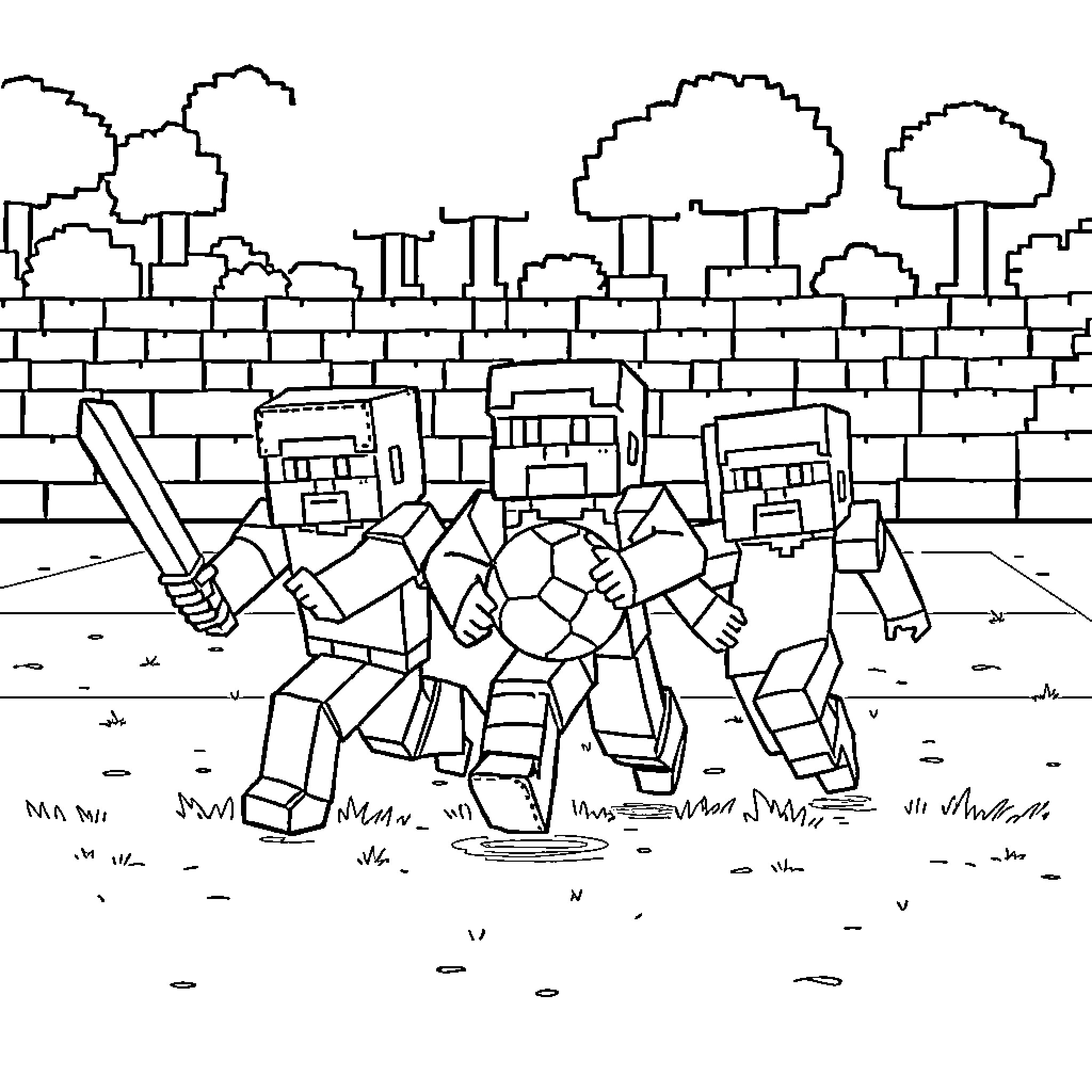 Minecraft characters exploring the landscape Coloring Page (free black-and-white line drawing printable PDF for all, from beginners to advanced learners, including children, teens, adults, and seniors)