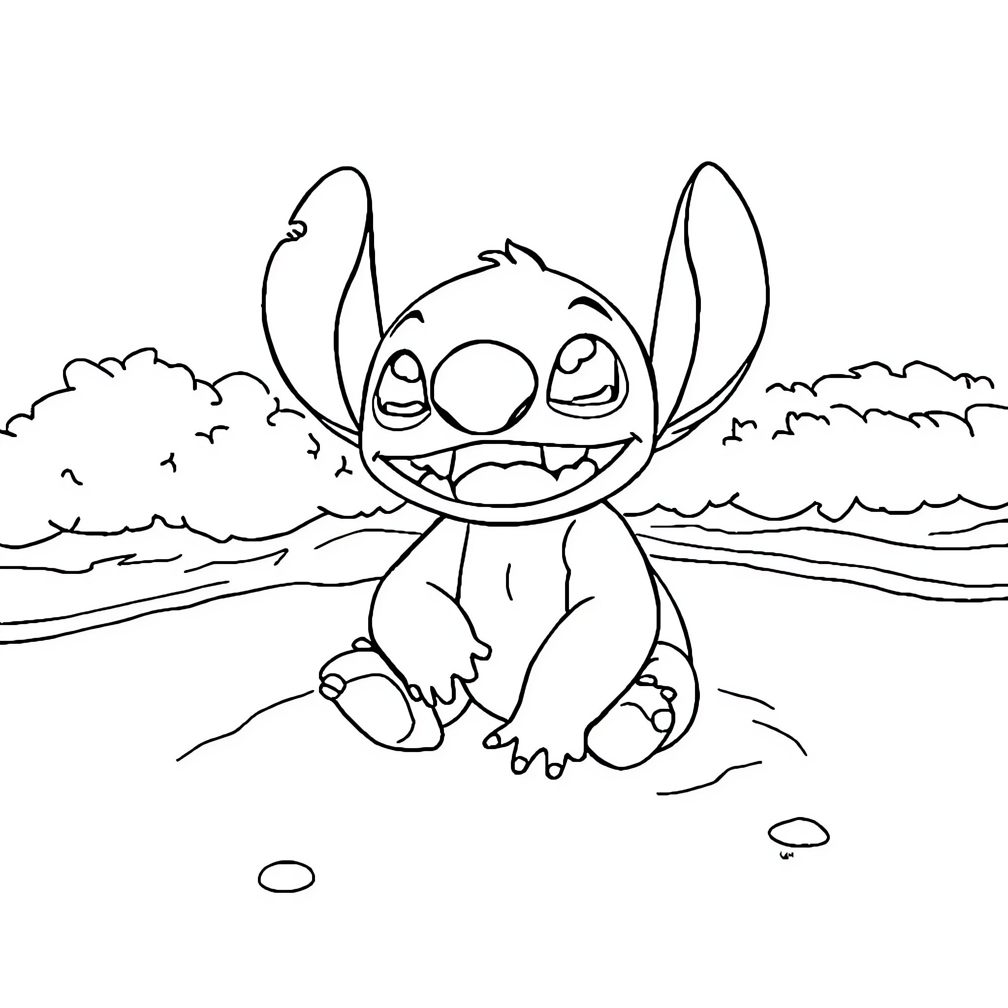 Stitch sitting happily on the beach Coloring Page (free black-and-white line drawing printable PDF for all, from beginners to advanced learners, including children, teens, adults, and seniors)