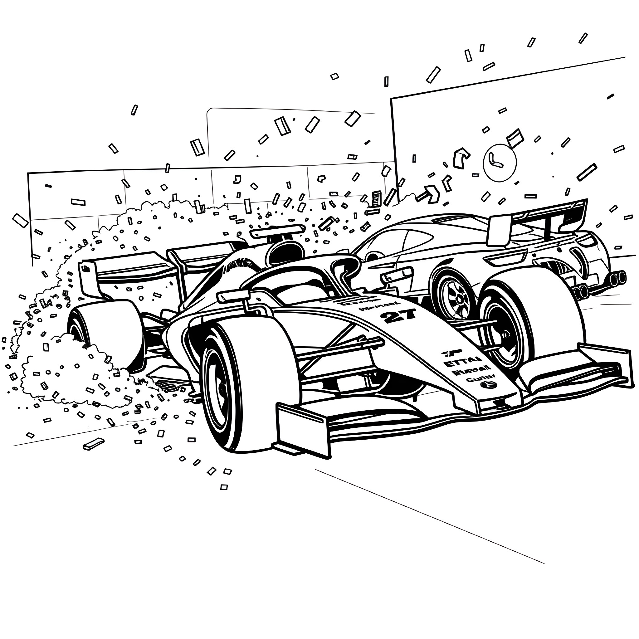 F1 Cars in Intense Racing Action Coloring Page (free black-and-white line drawing printable PDF for all, from beginners to advanced learners, including children, teens, adults, and seniors)