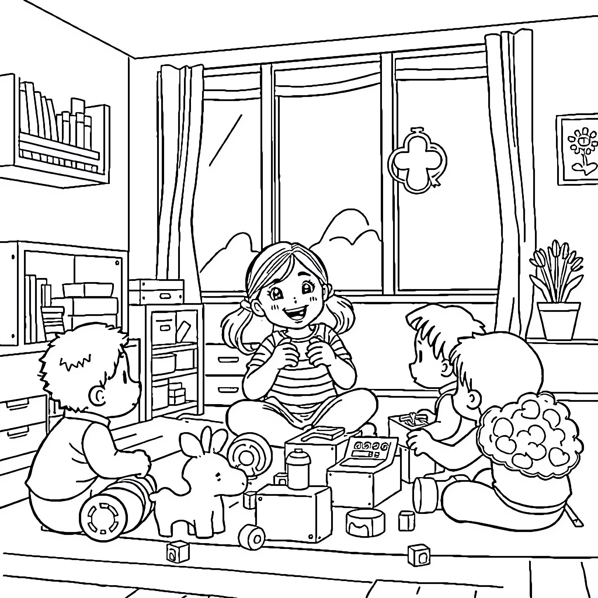 Girl playing with toys in bedroom Coloring Page (free black-and-white line drawing printable PDF for all, from beginners to advanced learners, including children, teens, adults, and seniors)