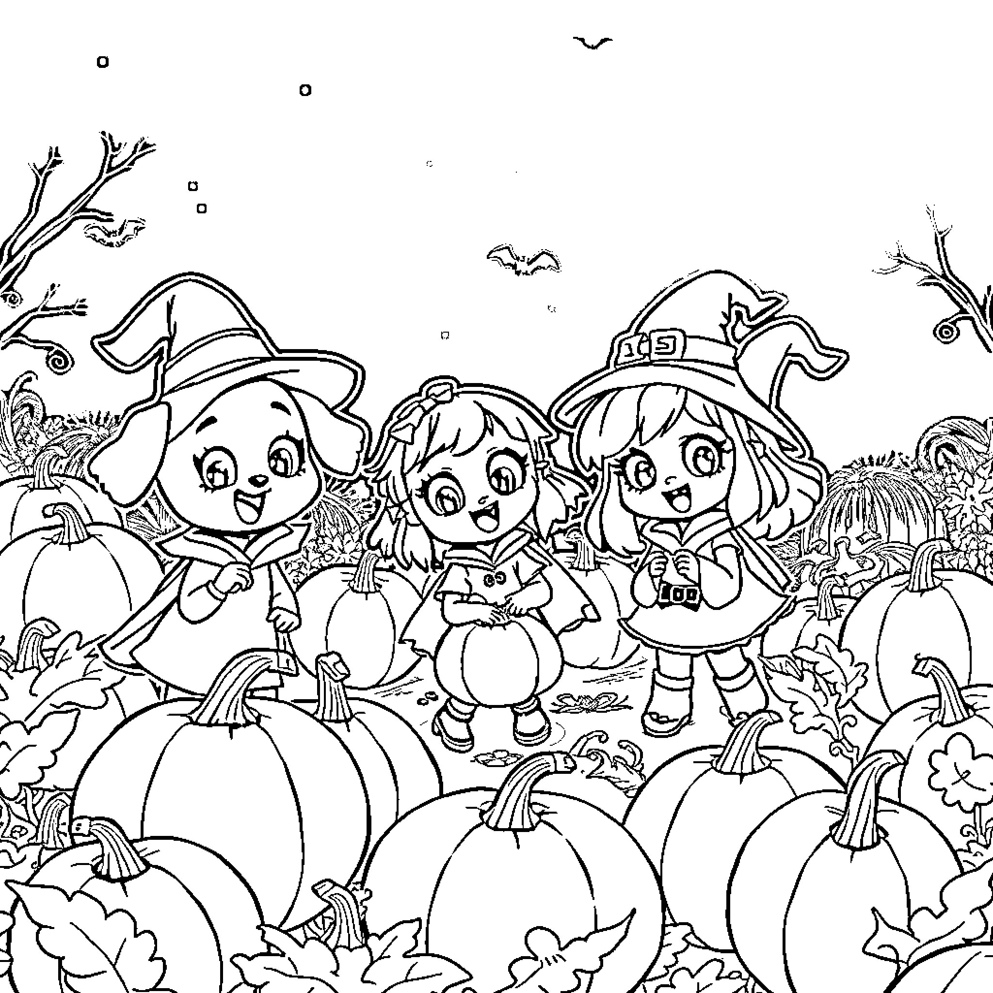 Rumi's Halloween Adventure with Friends Coloring Page (free black-and-white line drawing printable PDF for all, from beginners to advanced learners, including children, teens, adults, and seniors)
