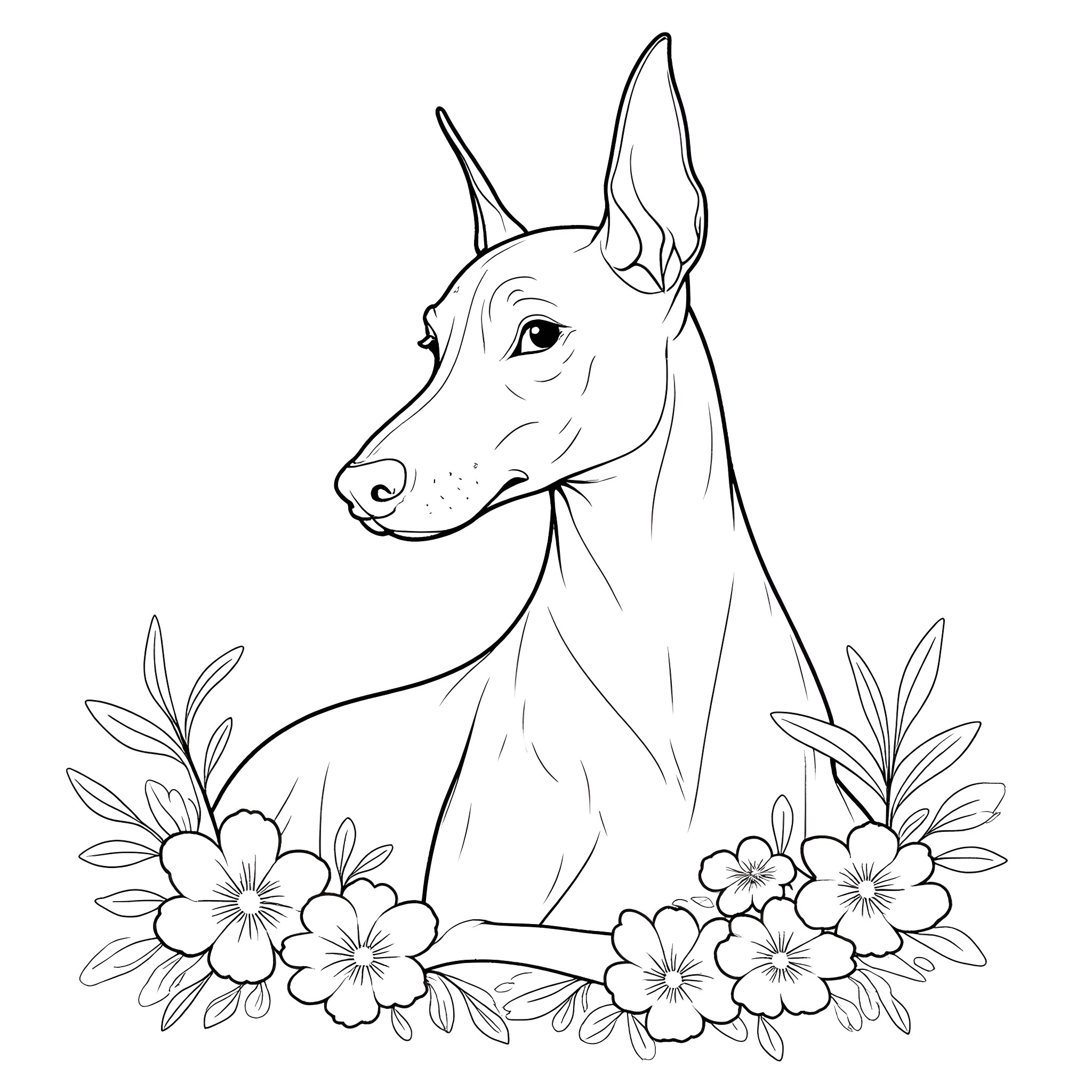 Doberman surrounded by flowers Coloring Page (free black-and-white line drawing printable PDF for all, from beginners to advanced learners, including children, teens, adults, and seniors)
