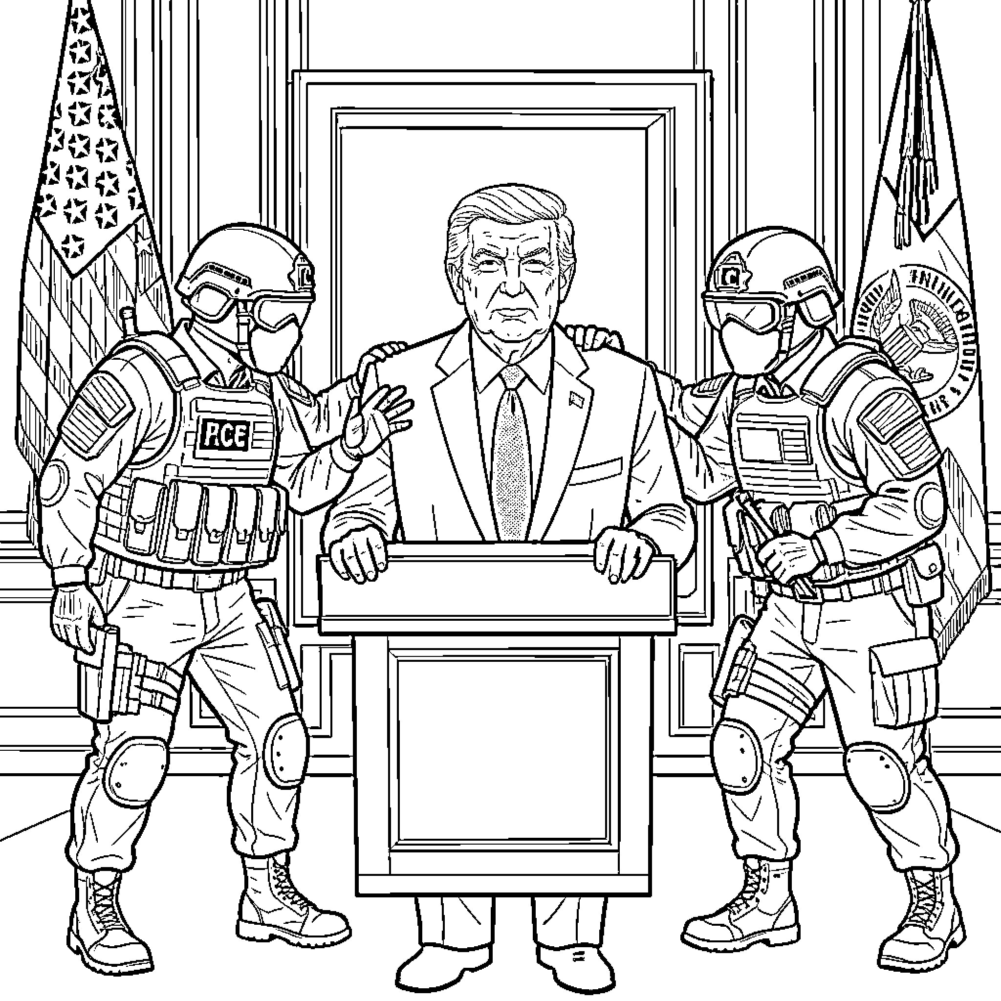 Ice Agent Confronts Powerful Authority Figure Coloring Page (free black-and-white line drawing printable PDF for all, from beginners to advanced learners, including children, teens, adults, and seniors)