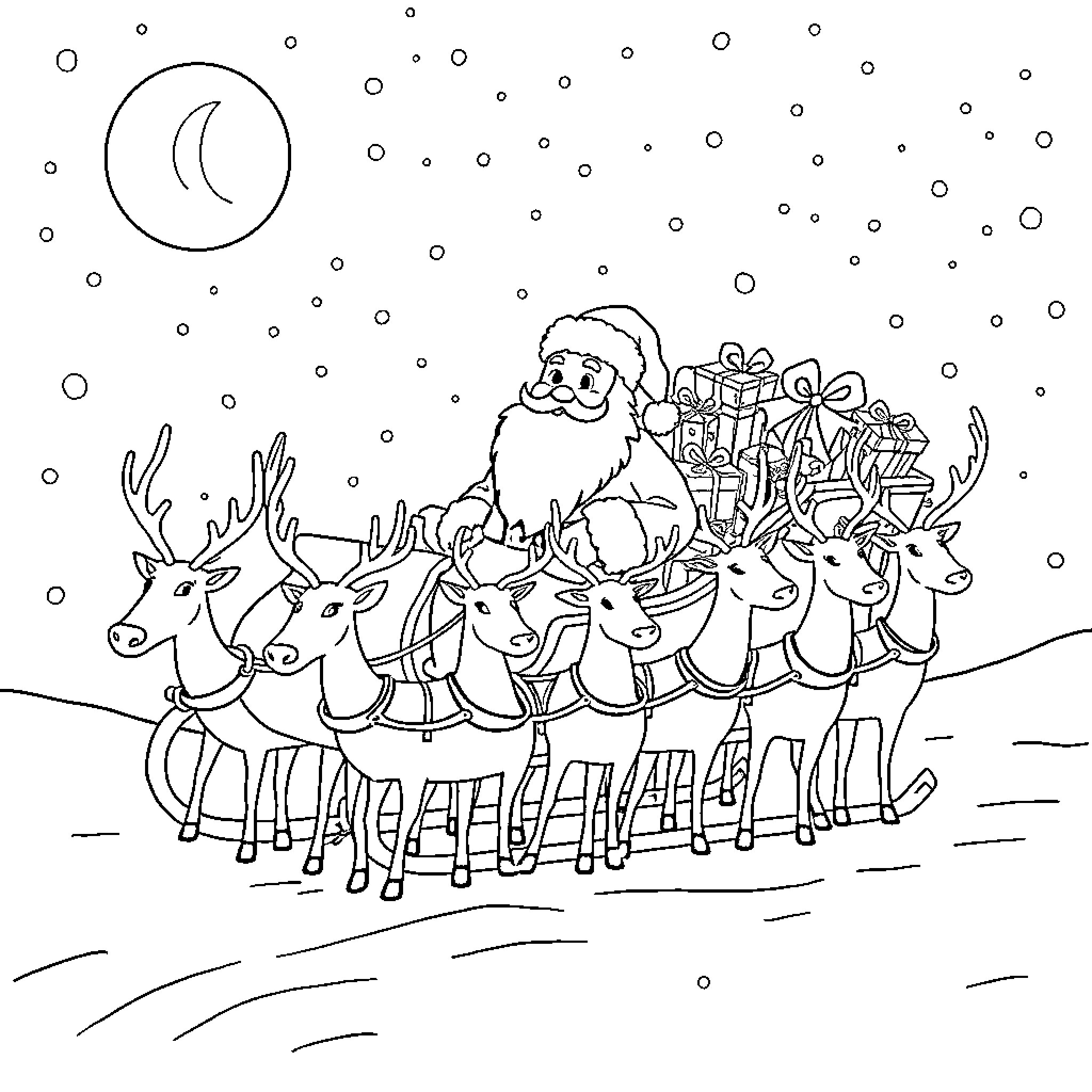 Santa Claus Riding in a Sleigh with Reindeer and Gifts Coloring Page (free black-and-white line drawing printable PDF for all, from beginners to advanced learners, including children, teens, adults, and seniors)