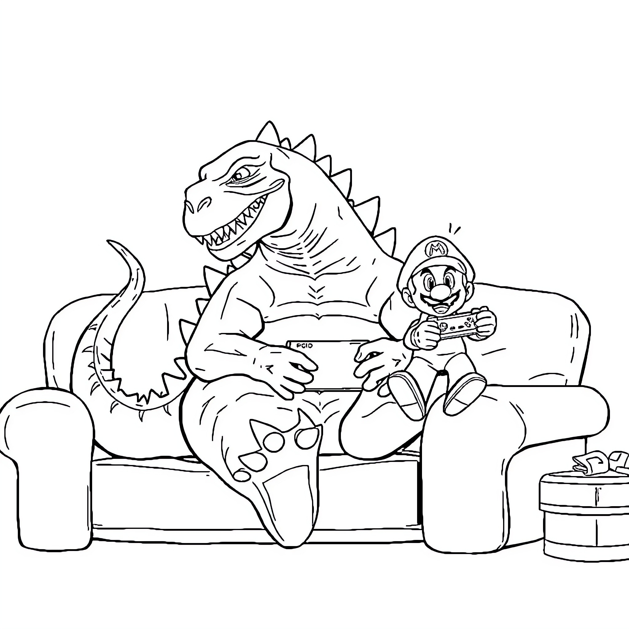 Godzilla relaxing with video game companion Coloring Page (free black-and-white line drawing printable PDF for all, from beginners to advanced learners, including children, teens, adults, and seniors)