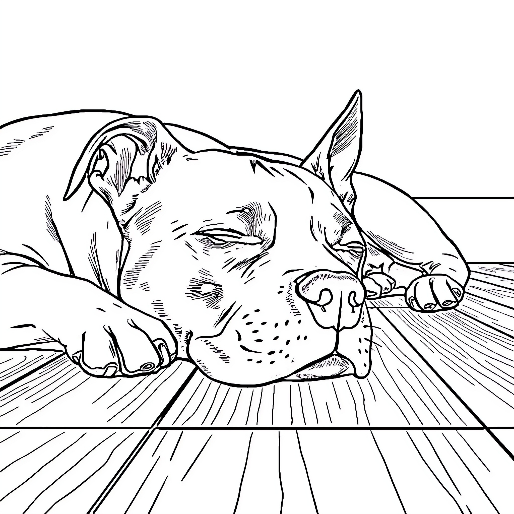 American Staffordshire Terrier relaxing on wooden floor Coloring Page (free black-and-white line drawing printable PDF for all, from beginners to advanced learners, including children, teens, adults, and seniors)