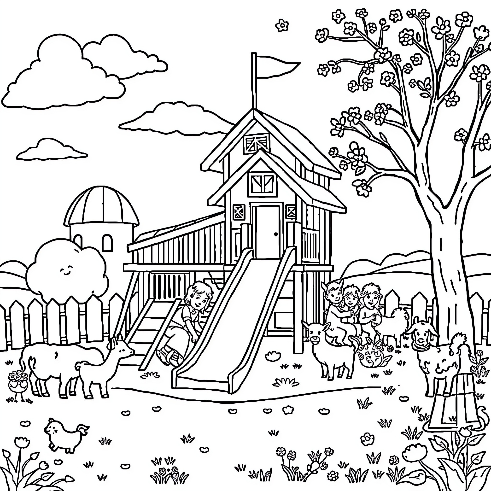 Farm scene with children playing on a wooden playhouse Coloring Page (free black-and-white line drawing printable PDF for all, from beginners to advanced learners, including children, teens, adults, and seniors)