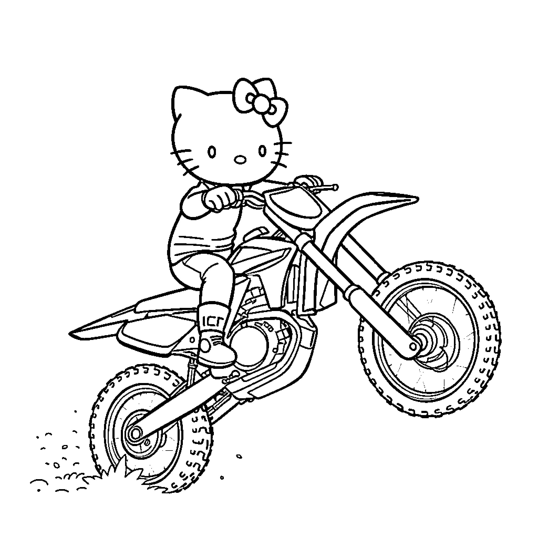 Hello Kitty riding a motorcycle with excitement Coloring Page (free black-and-white line drawing printable PDF for all, from beginners to advanced learners, including children, teens, adults, and seniors)