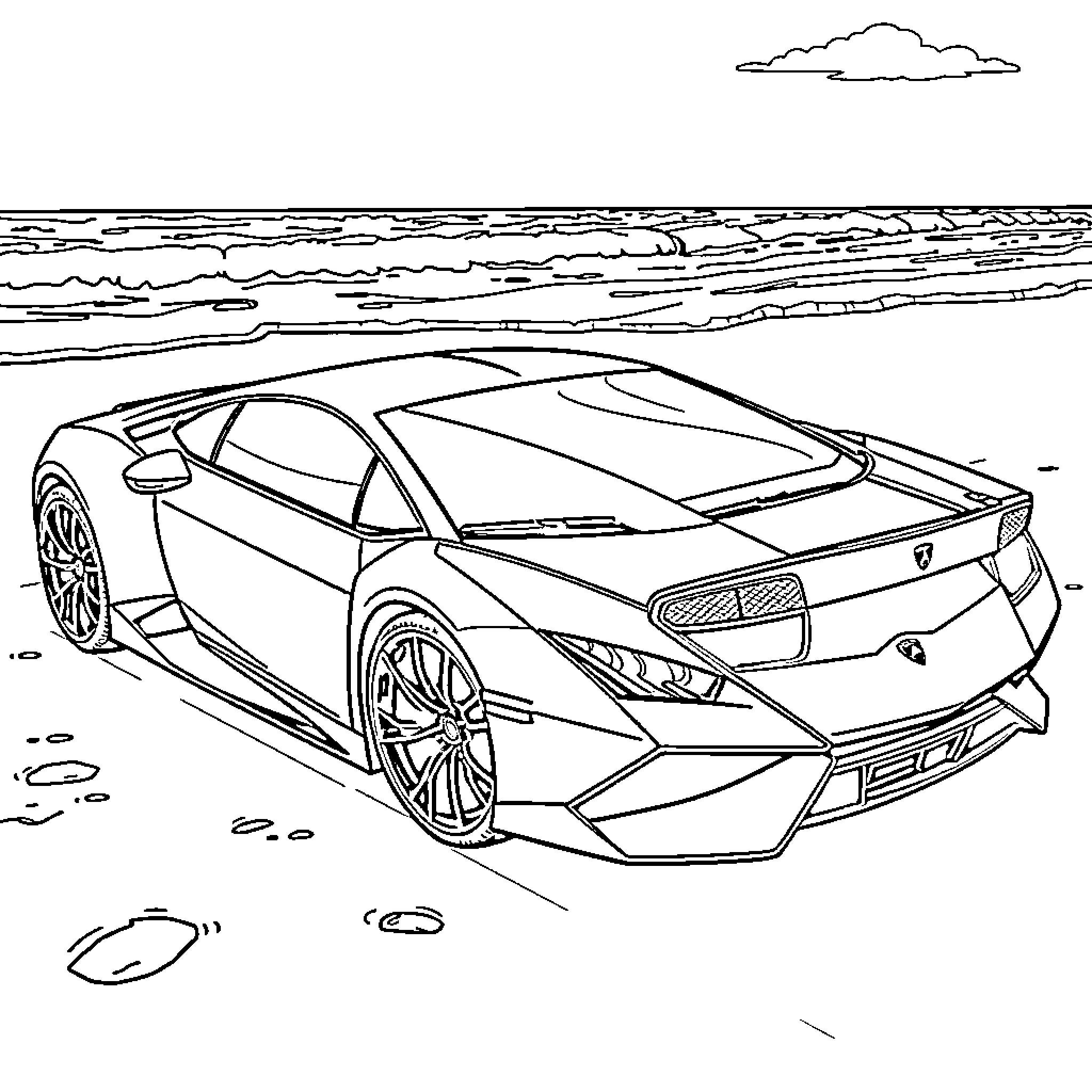 Lamborghini sports car on the beach Coloring Page (free black-and-white line drawing printable PDF for all, from beginners to advanced learners, including children, teens, adults, and seniors)