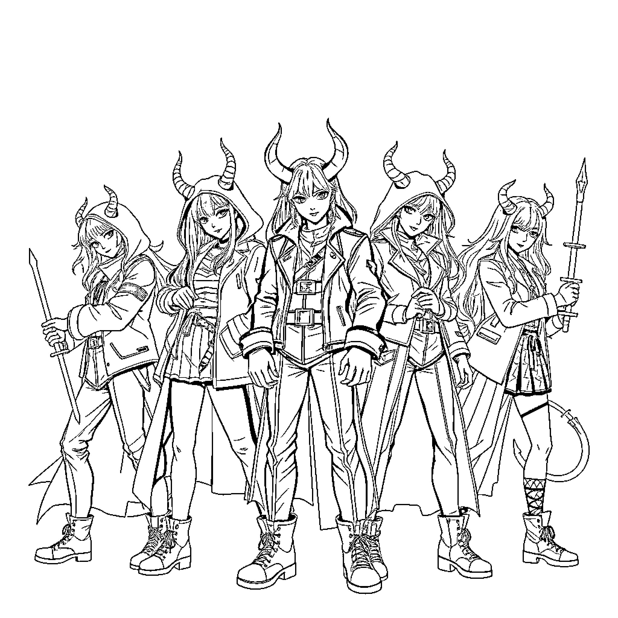 Kpop Demon Hunter Squad in Action Coloring Page (free black-and-white line drawing printable PDF for all, from beginners to advanced learners, including children, teens, adults, and seniors)