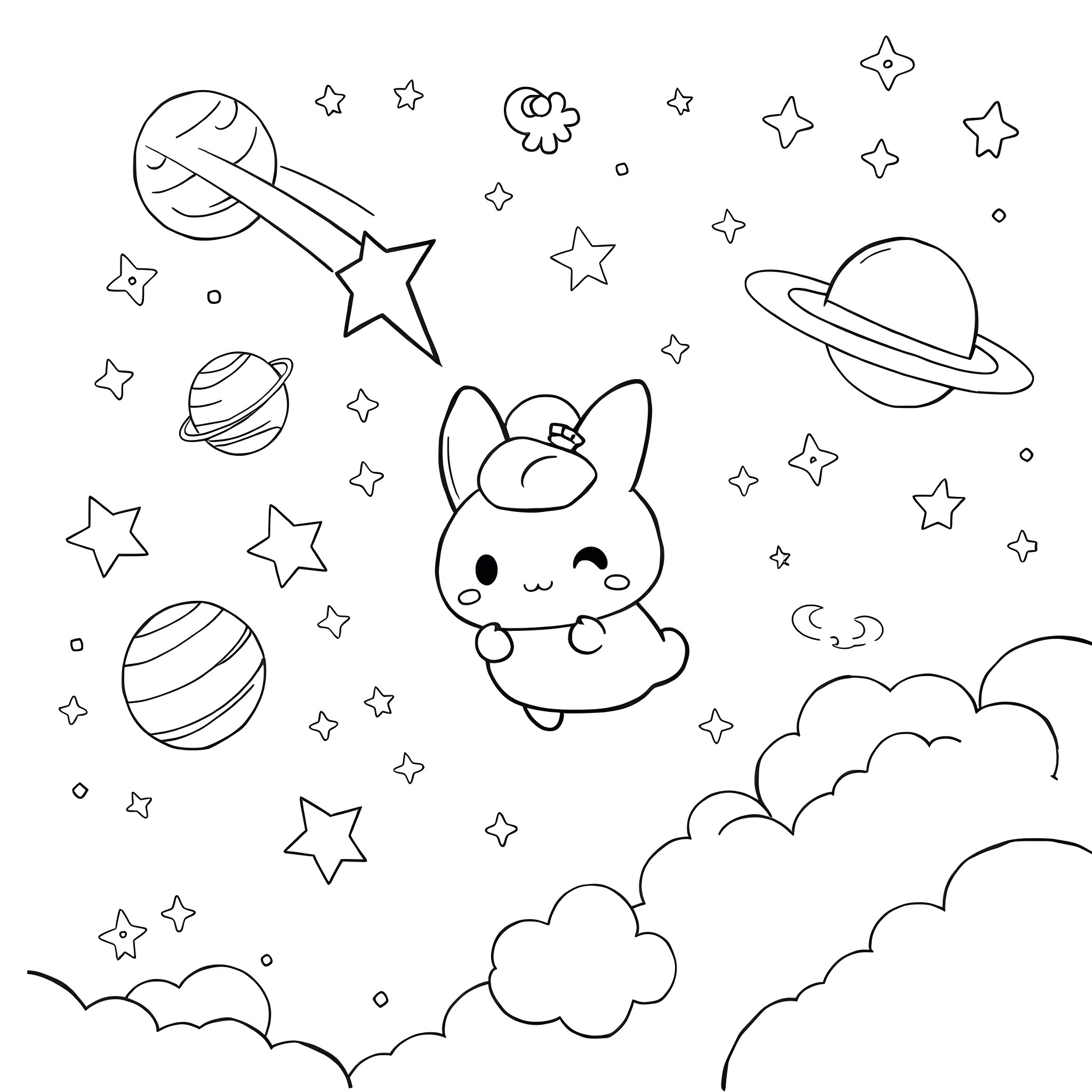 Cinnamoroll exploring the cosmic galaxy Coloring Page (free black-and-white line drawing printable PDF for all, from beginners to advanced learners, including children, teens, adults, and seniors)