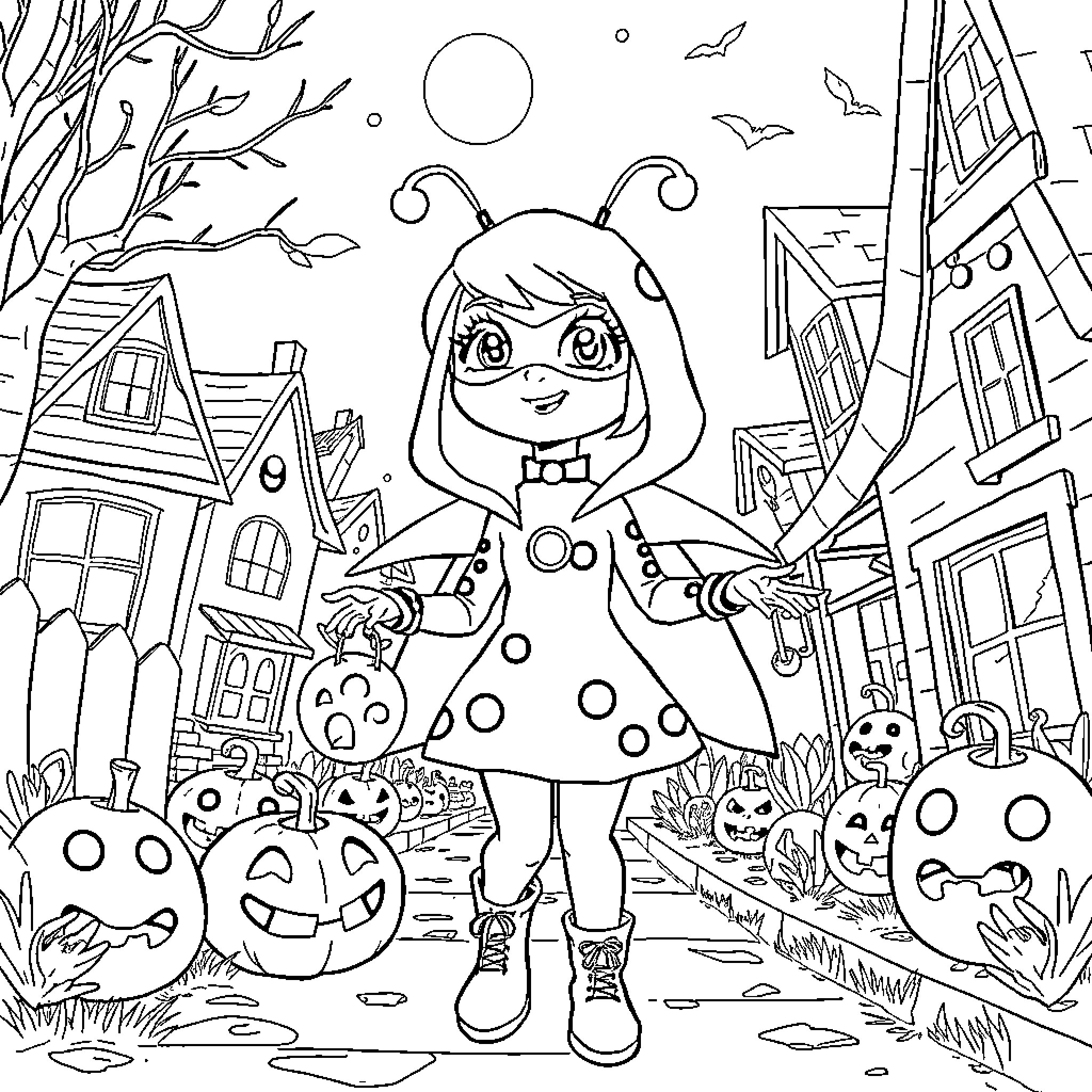 Ladybug girl exploring a spooky Halloween scene Coloring Page (free black-and-white line drawing printable PDF for all, from beginners to advanced learners, including children, teens, adults, and seniors)