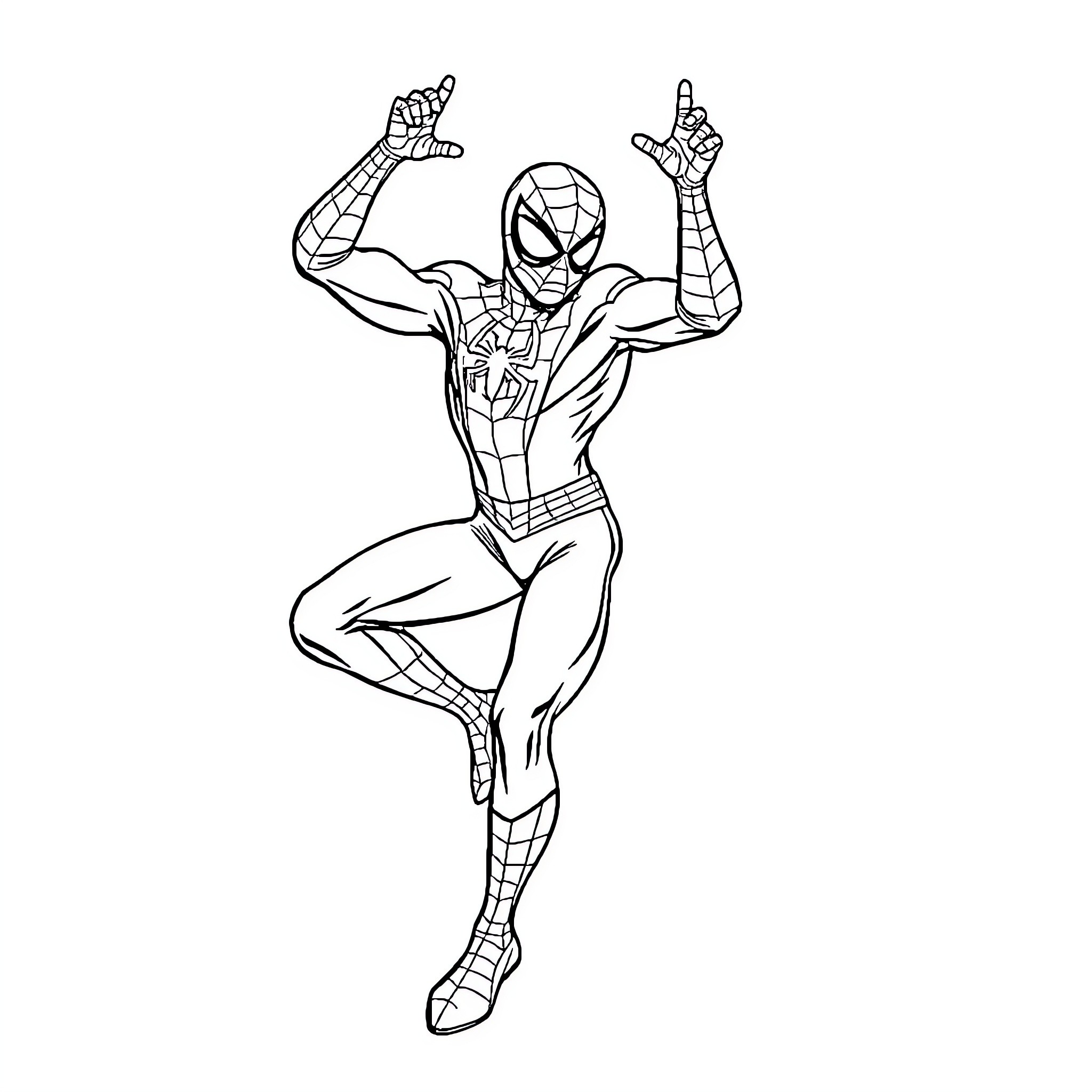Spiderman in action pose with web-slinging powers Coloring Page (free black-and-white line drawing printable PDF for all, from beginners to advanced learners, including children, teens, adults, and seniors)