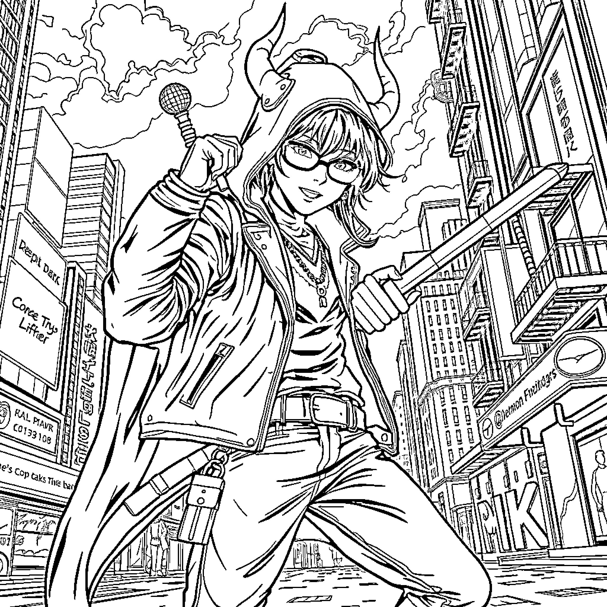 Demon Wielding Microphone in Urban Cityscape Coloring Page (free black-and-white line drawing printable PDF for all, from beginners to advanced learners, including children, teens, adults, and seniors)