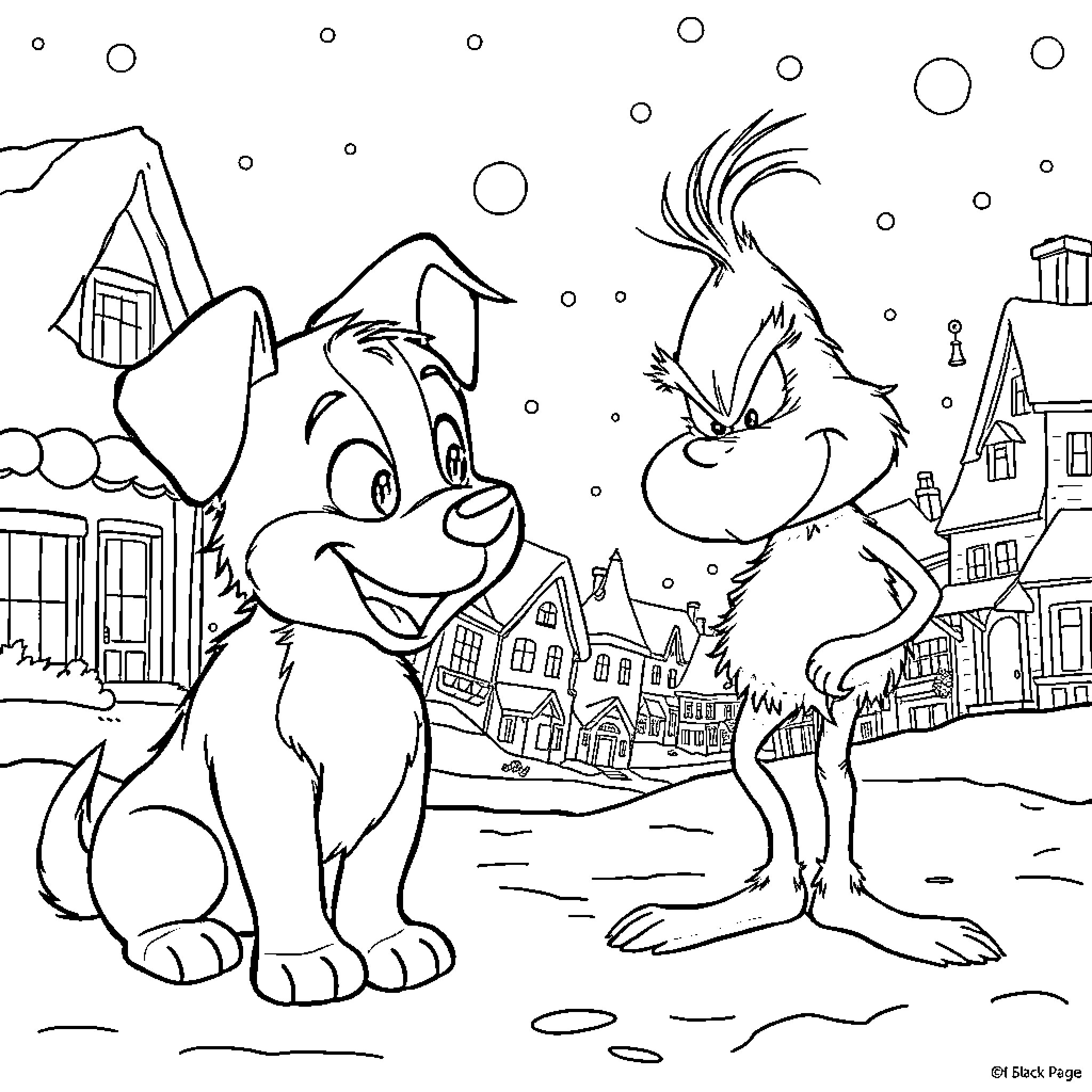Bluey and a Funny-Looking Creature Explore the Snowy Town Coloring Page (free black-and-white line drawing printable PDF for all, from beginners to advanced learners, including children, teens, adults, and seniors)