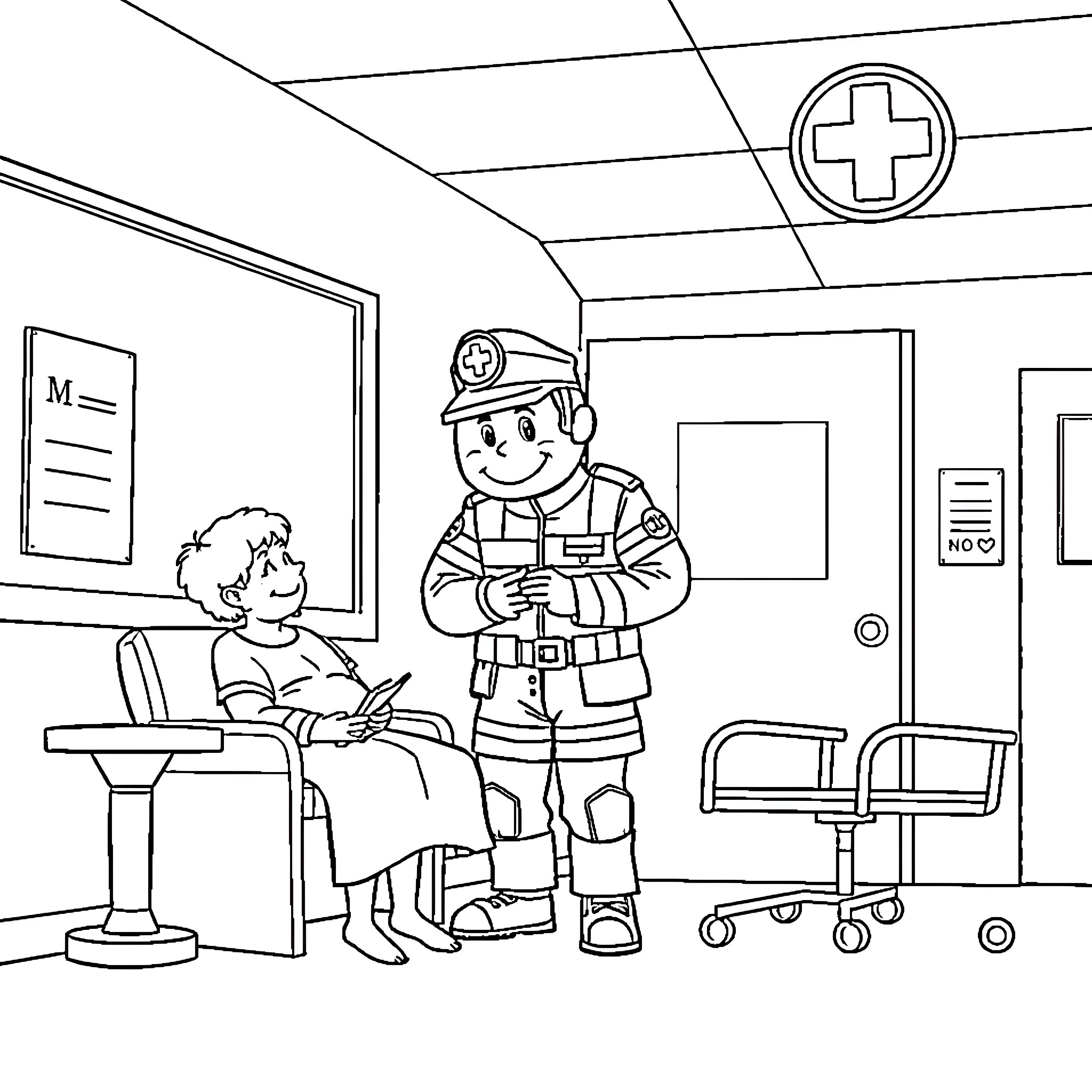 Pompier caring for patient in medical facility Coloring Page (free black-and-white line drawing printable PDF for all, from beginners to advanced learners, including children, teens, adults, and seniors)