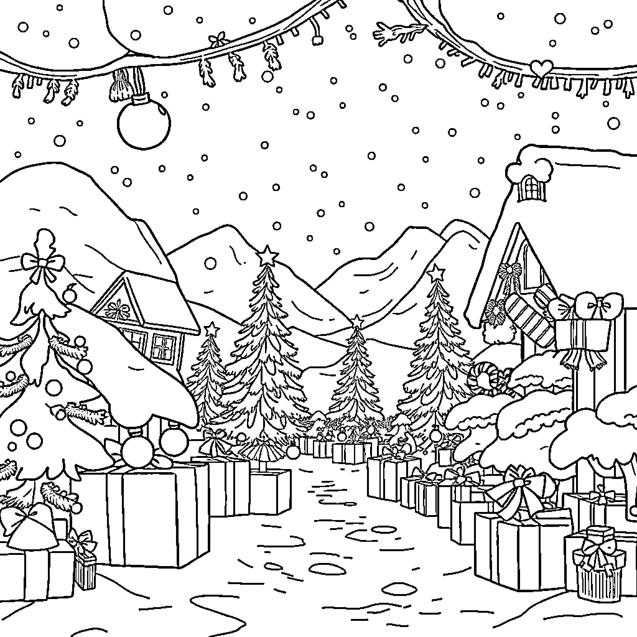 Roblox Wintertime Scene with Decorations and Gifts Coloring Page (free black-and-white line drawing printable PDF for all, from beginners to advanced learners, including children, teens, adults, and seniors)
