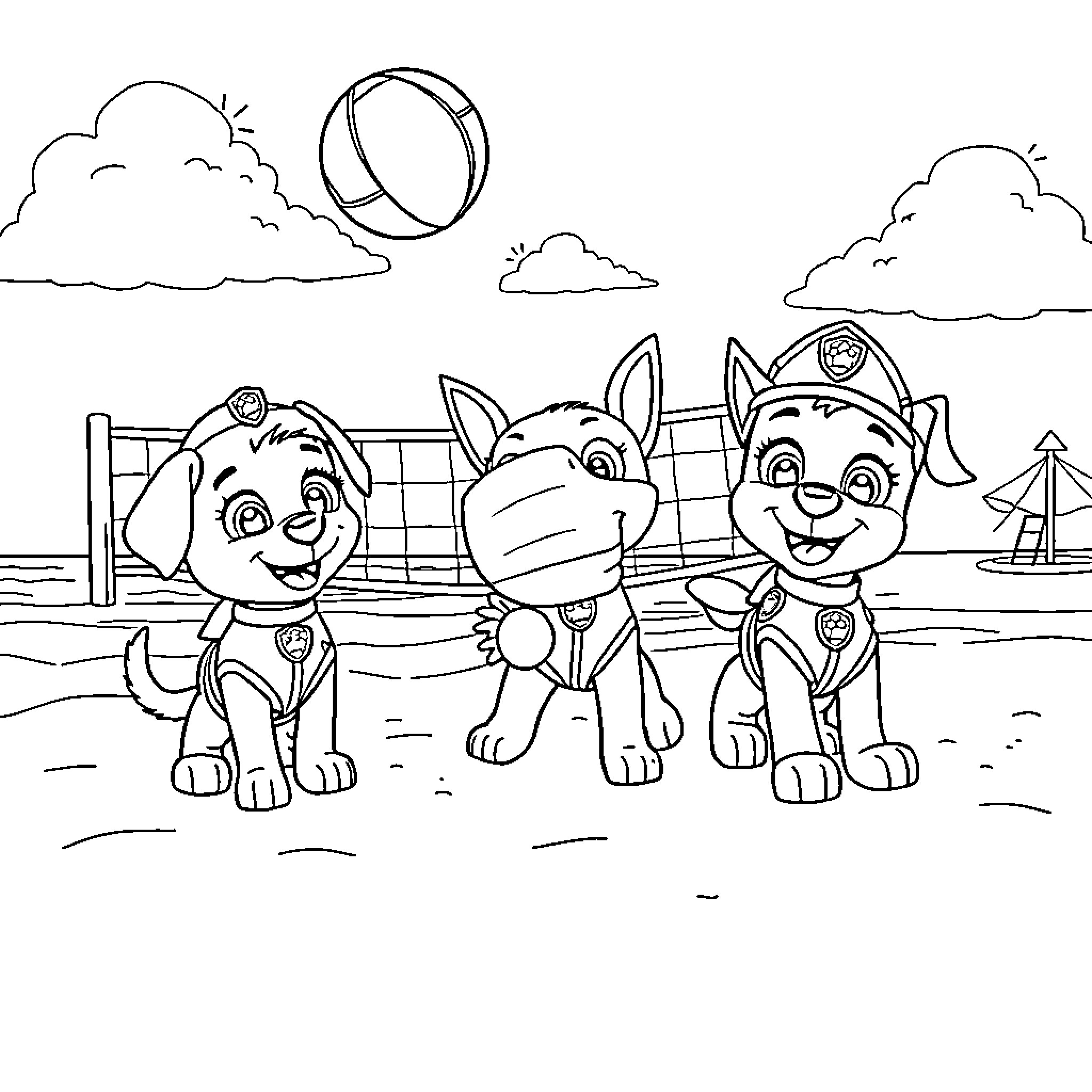 Paw Patrol characters exploring the beach Coloring Page (free black-and-white line drawing printable PDF for all, from beginners to advanced learners, including children, teens, adults, and seniors)