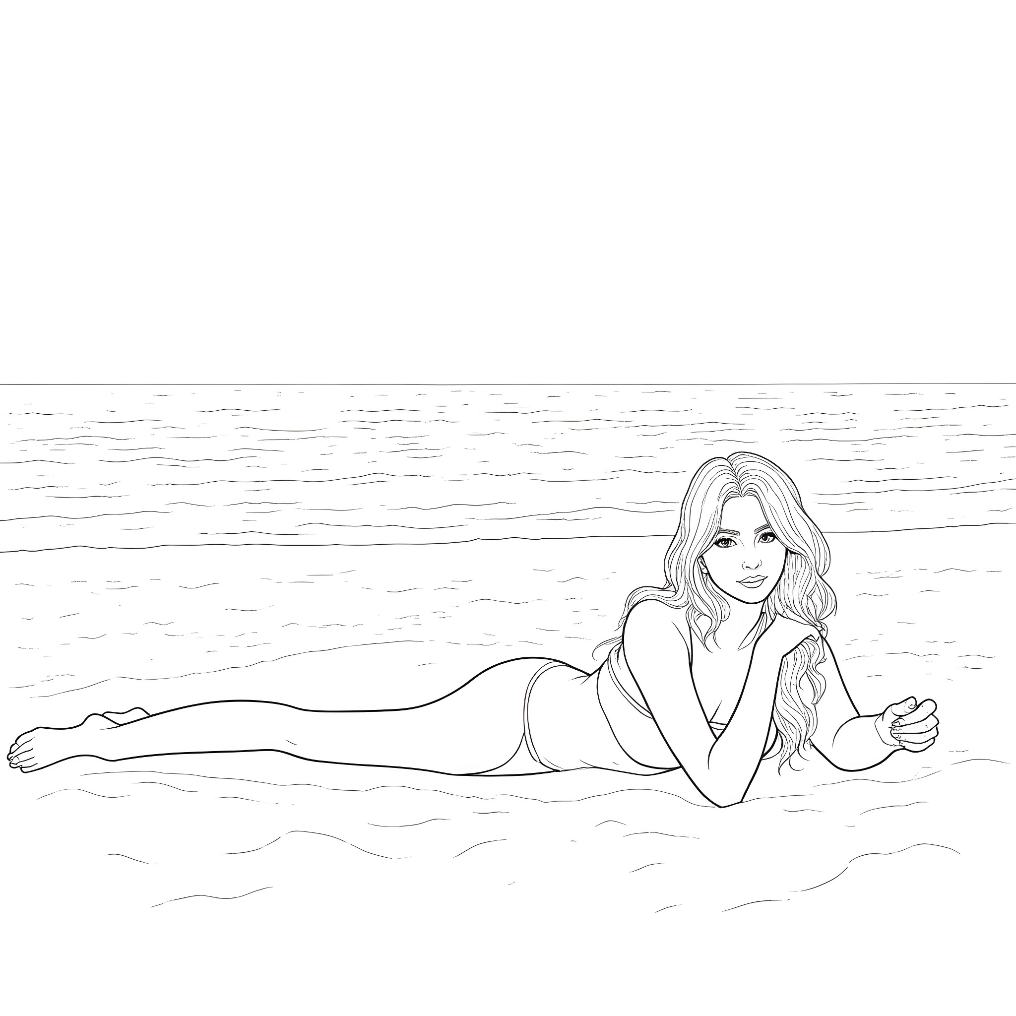 Model relaxing on the beach Coloring Page (free black-and-white line drawing printable PDF for all, from beginners to advanced learners, including children, teens, adults, and seniors)