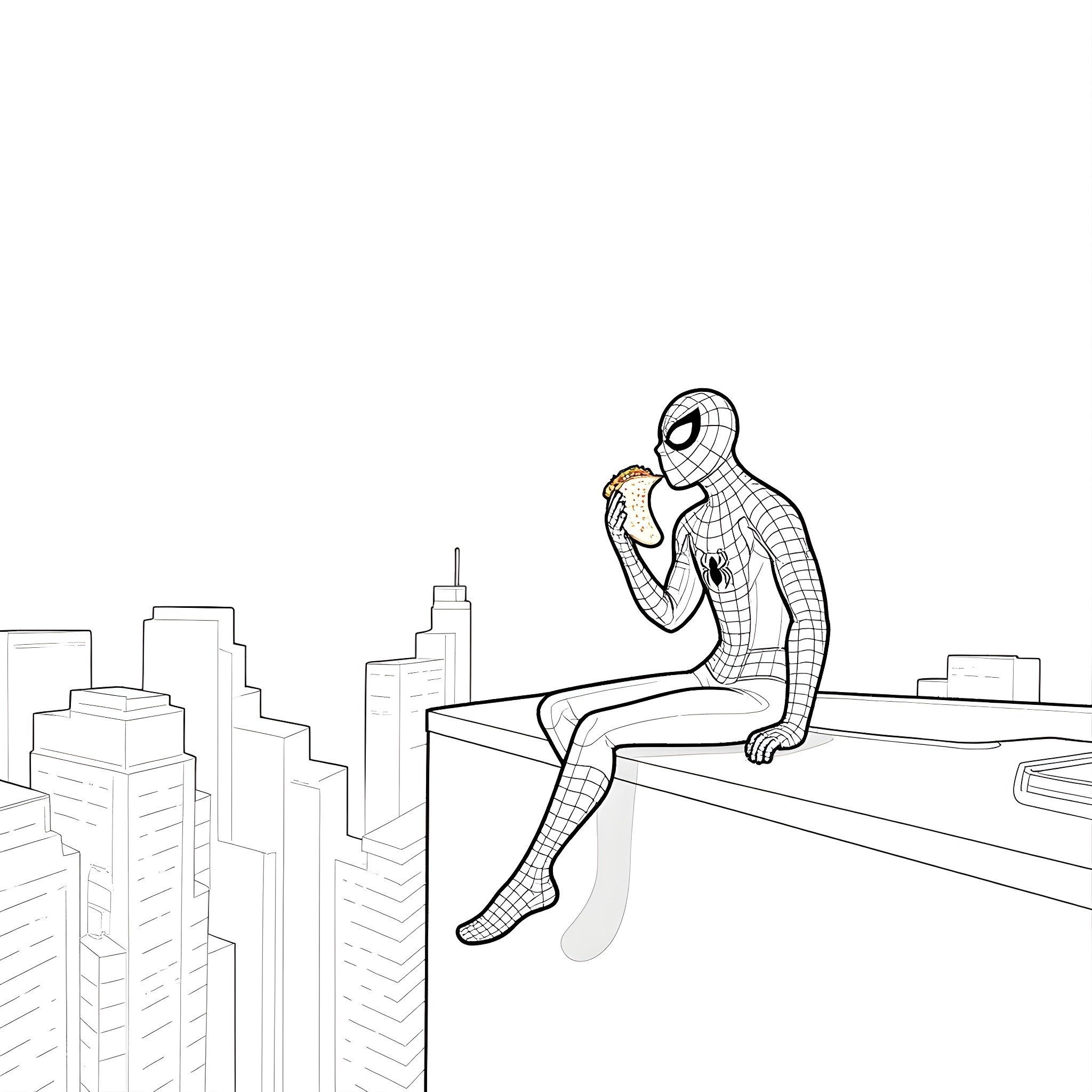Spider-Man contemplating above the city skyline Coloring Page (free black-and-white line drawing printable PDF for all, from beginners to advanced learners, including children, teens, adults, and seniors)