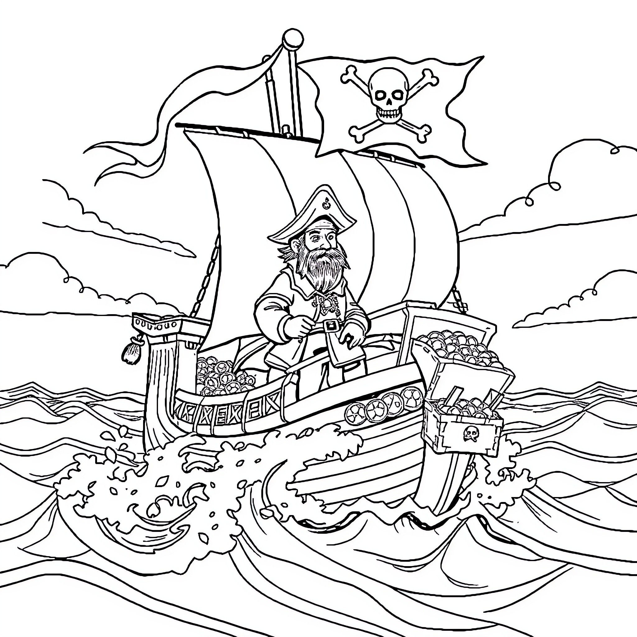 Pirate Ship Sailing on Stormy Seas with Jolly Roger Flag Coloring Page (free black-and-white line drawing printable PDF for all, from beginners to advanced learners, including children, teens, adults, and seniors)