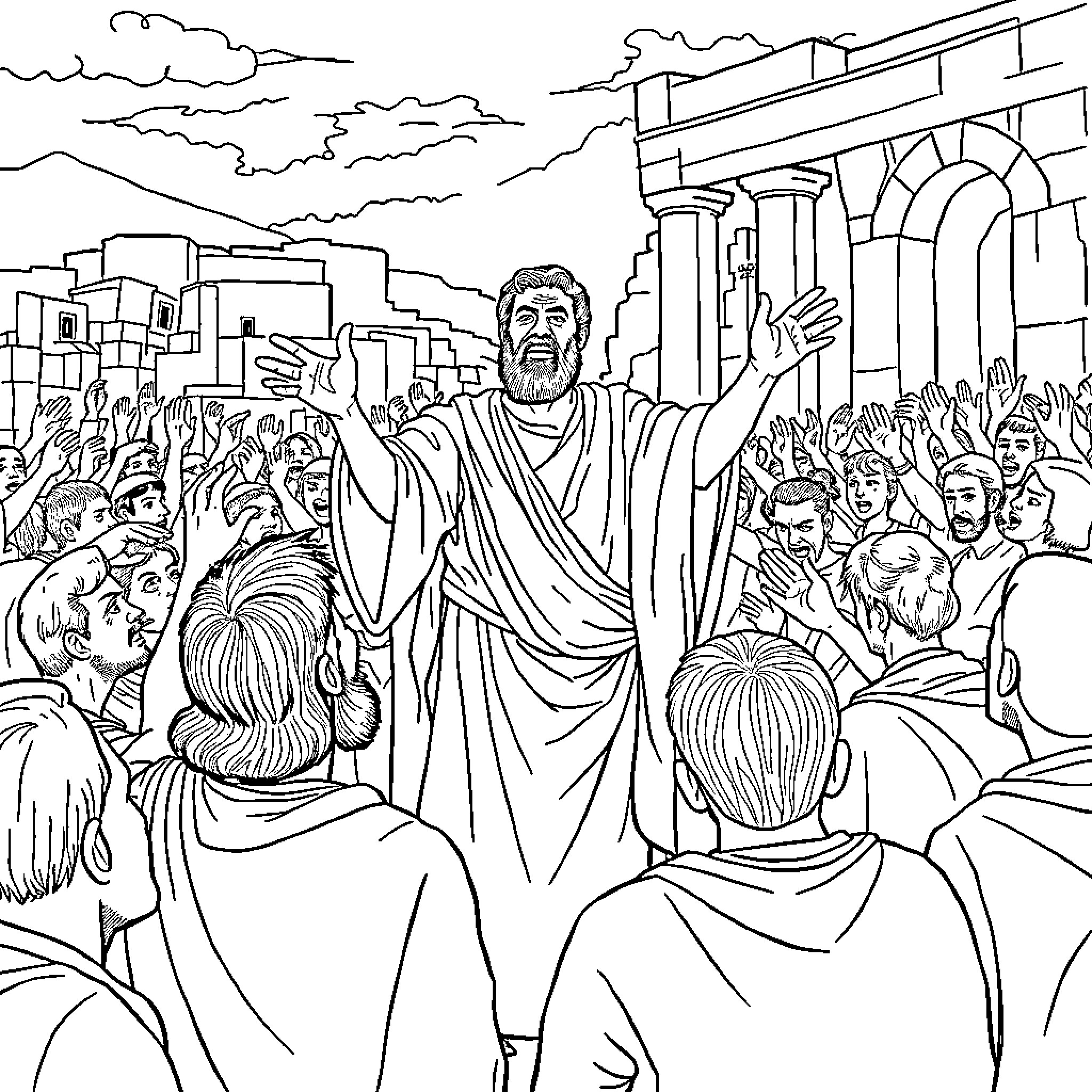 Apostle Preaching to the Crowd Coloring Page (free black-and-white line drawing printable PDF for all, from beginners to advanced learners, including children, teens, adults, and seniors)