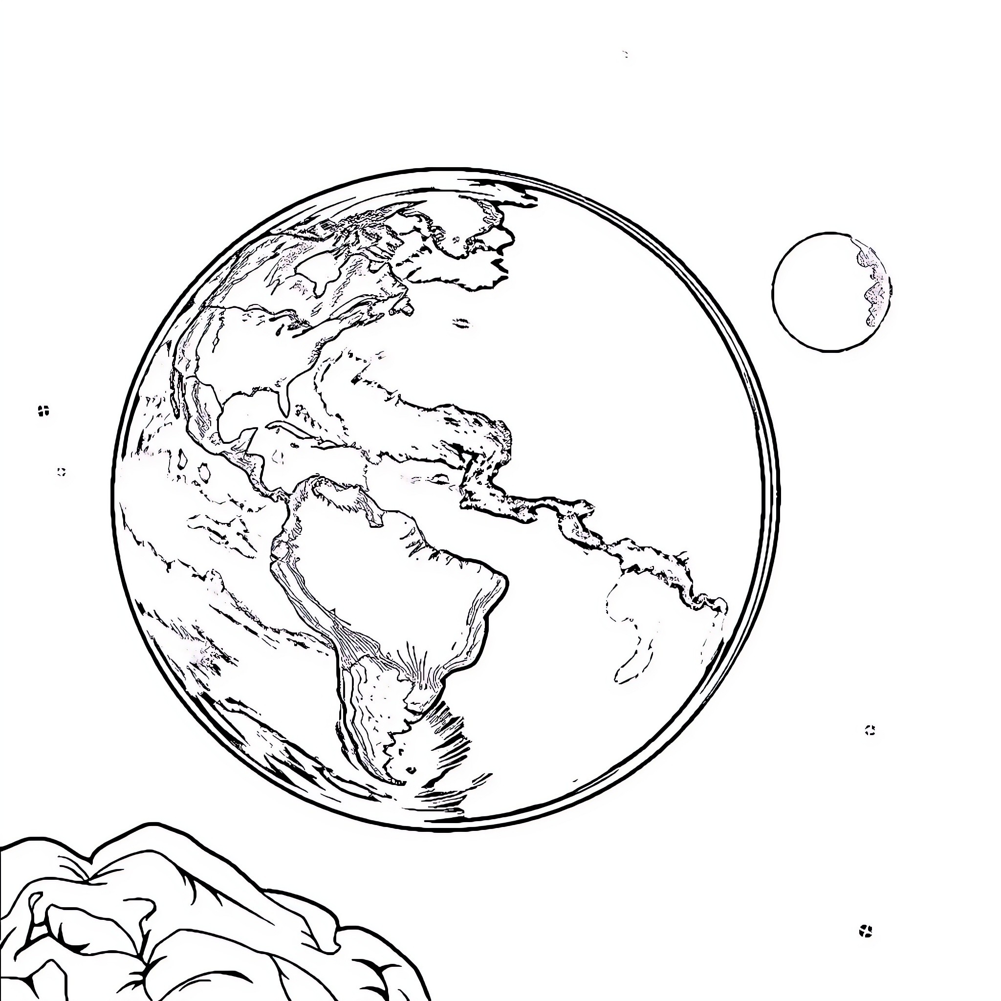 Earth's continents and moon in outline Coloring Page (free black-and-white line drawing printable PDF for all, from beginners to advanced learners, including children, teens, adults, and seniors)