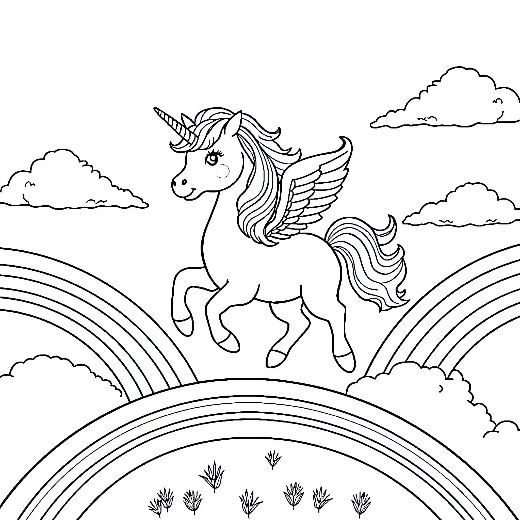 Unicorn soaring through magical rainbow landscape Coloring Page (free black-and-white line drawing printable PDF for all, from beginners to advanced learners, including children, teens, adults, and seniors)