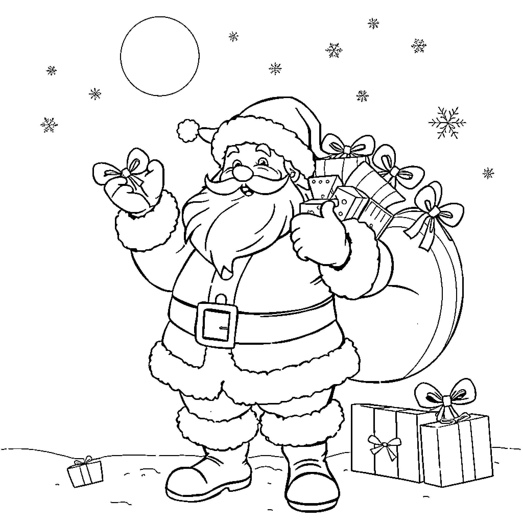 Santa distributing gifts and holiday cheer Coloring Page (free black-and-white line drawing printable PDF for all, from beginners to advanced learners, including children, teens, adults, and seniors)