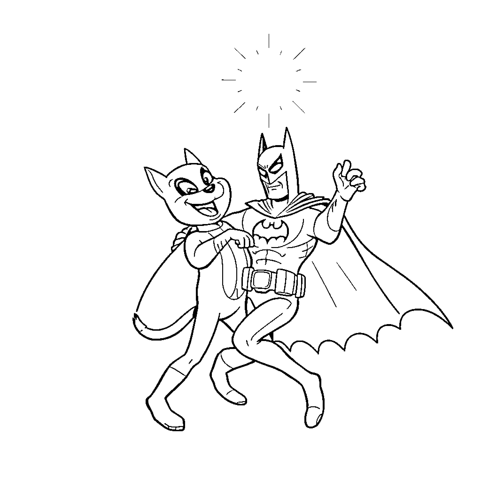 Dogman and Batman in Heroic Pose Coloring Page (free black-and-white line drawing printable PDF for all, from beginners to advanced learners, including children, teens, adults, and seniors)