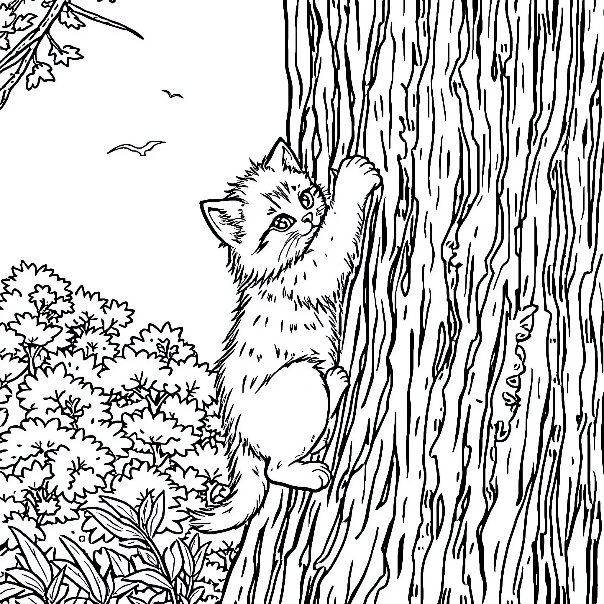 Kitten exploring the woodland scenery Coloring Page (free black-and-white line drawing printable PDF for all, from beginners to advanced learners, including children, teens, adults, and seniors)