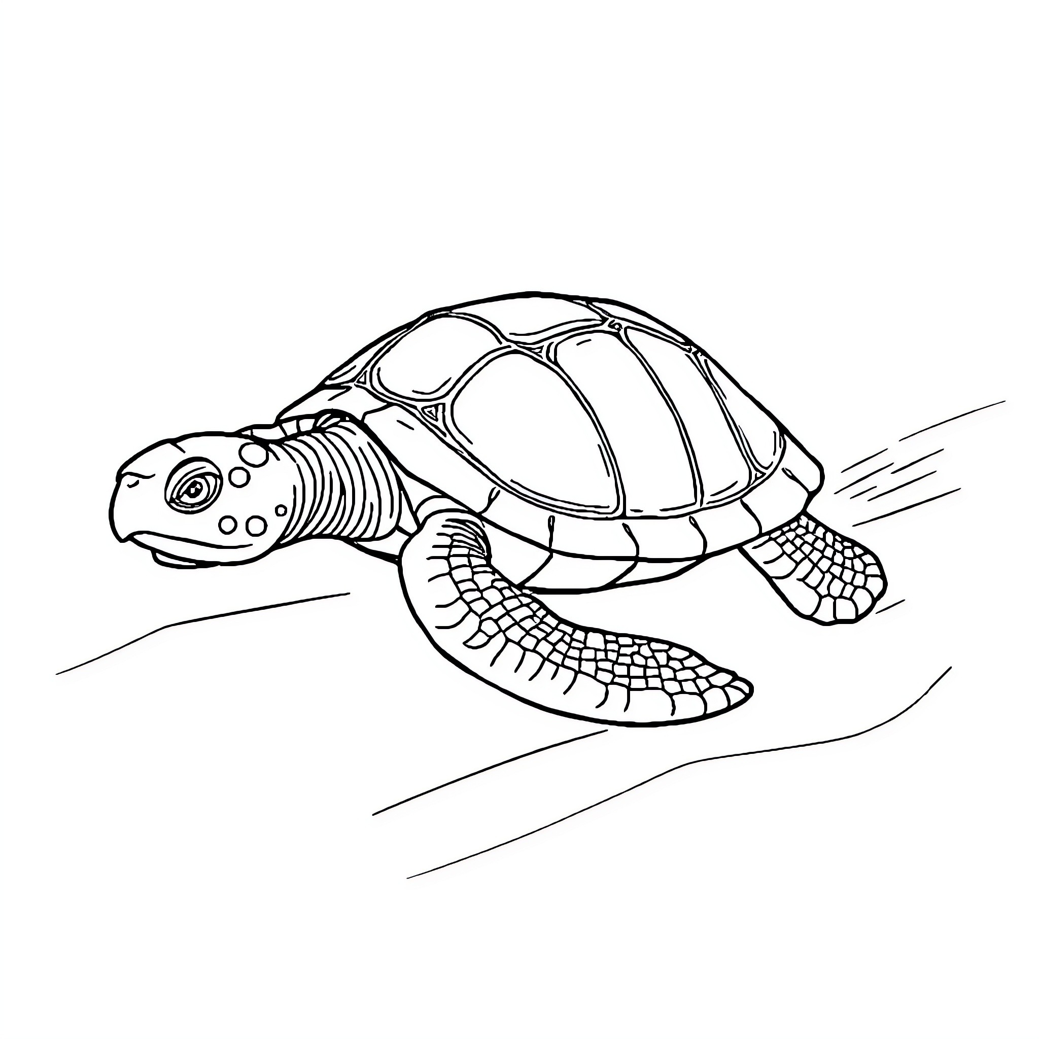Turtle swimming swiftly through the waters Coloring Page (free black-and-white line drawing printable PDF for all, from beginners to advanced learners, including children, teens, adults, and seniors)