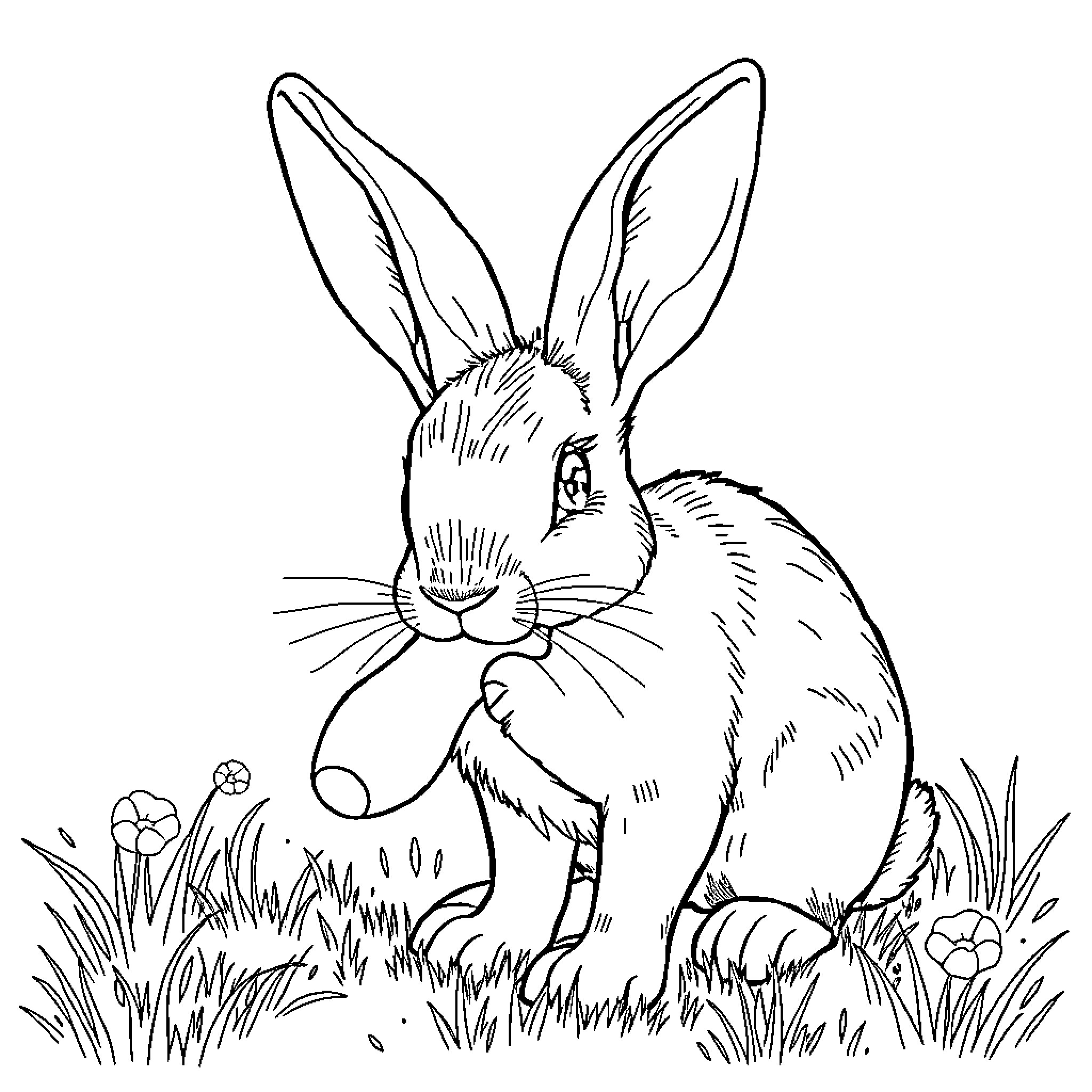 Rabbit sitting in a grassy field Coloring Page (free black-and-white line drawing printable PDF for all, from beginners to advanced learners, including children, teens, adults, and seniors)