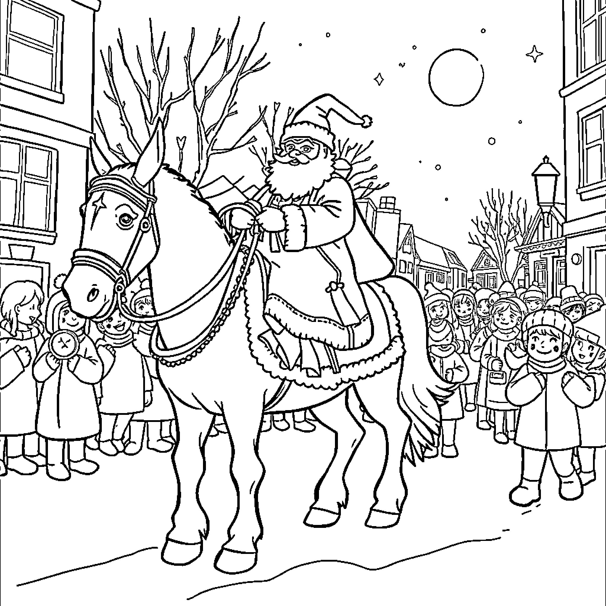 Sinterklaas greeting crowds in a winter town Coloring Page (free black-and-white line drawing printable PDF for all, from beginners to advanced learners, including children, teens, adults, and seniors)