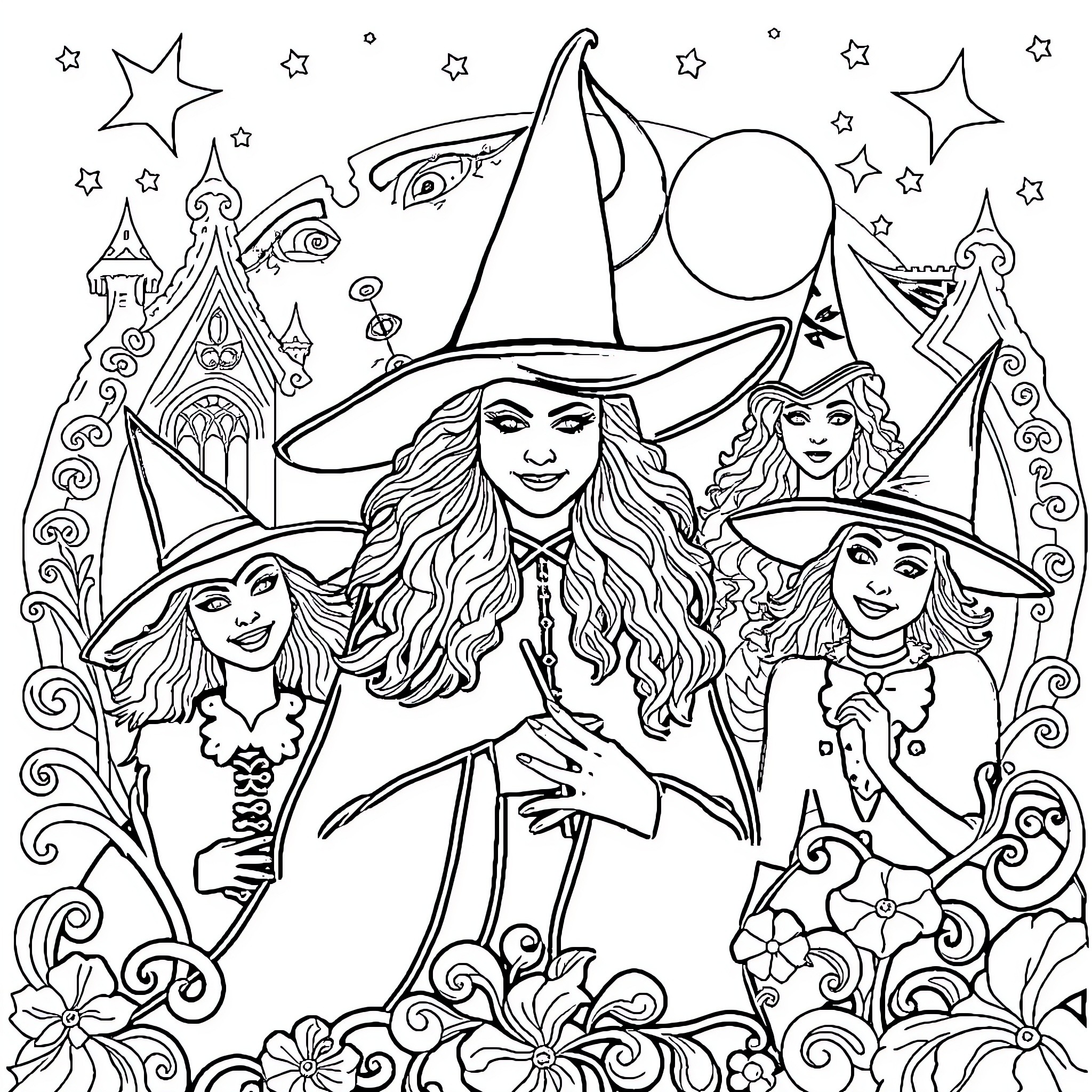 Wicked Witches Casting Spells in Enchanted Land Coloring Page (free black-and-white line drawing printable PDF for all, from beginners to advanced learners, including children, teens, adults, and seniors)